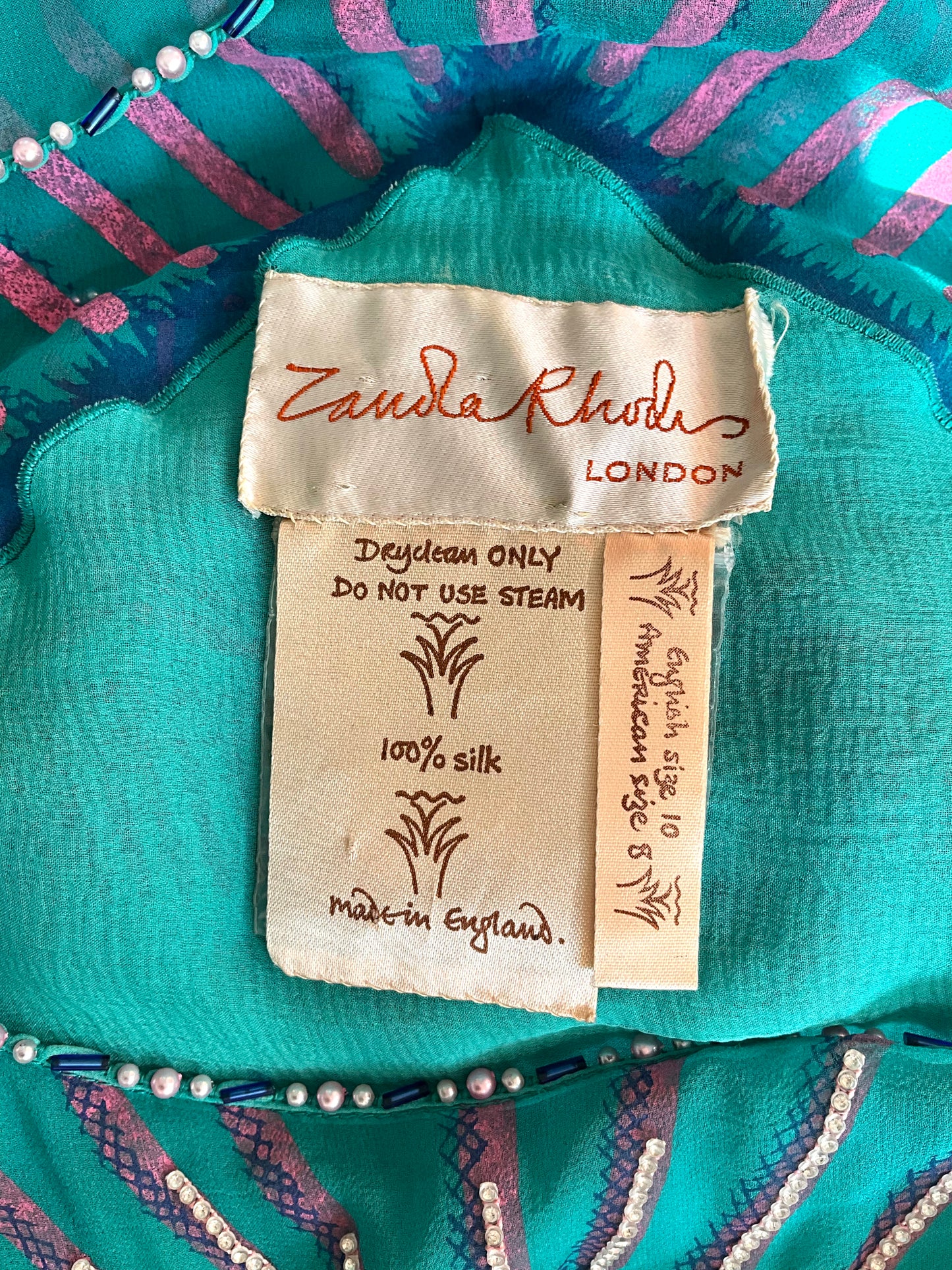 Vintage 1983 Zandra Rhodes Turquoise Printed Embellished Silk Chiffon Fairy Gown, Size 6