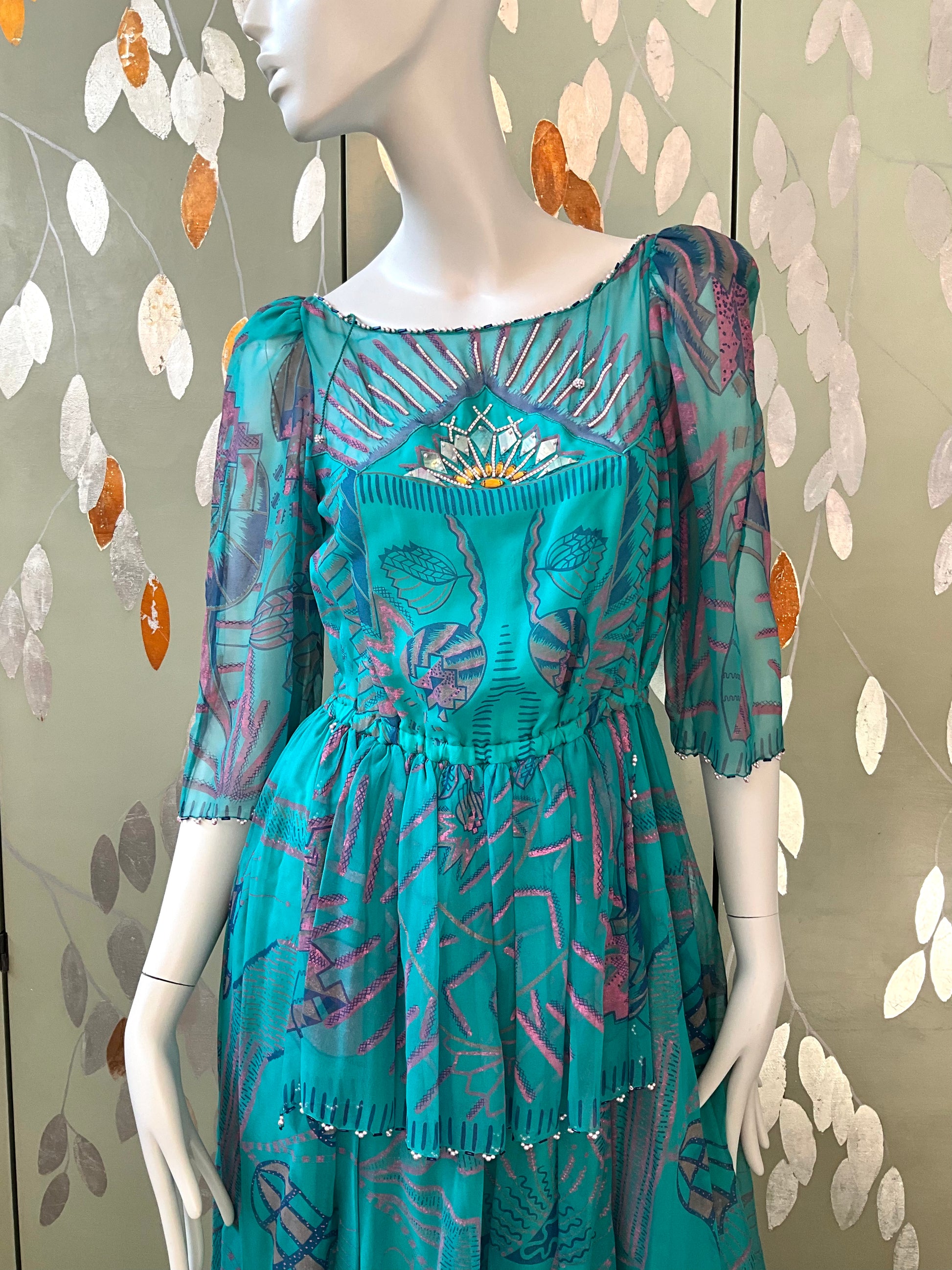 Vintage 1983 Zandra Rhodes Turquoise Printed Embellished Silk Chiffon Fairy Gown, Size 6