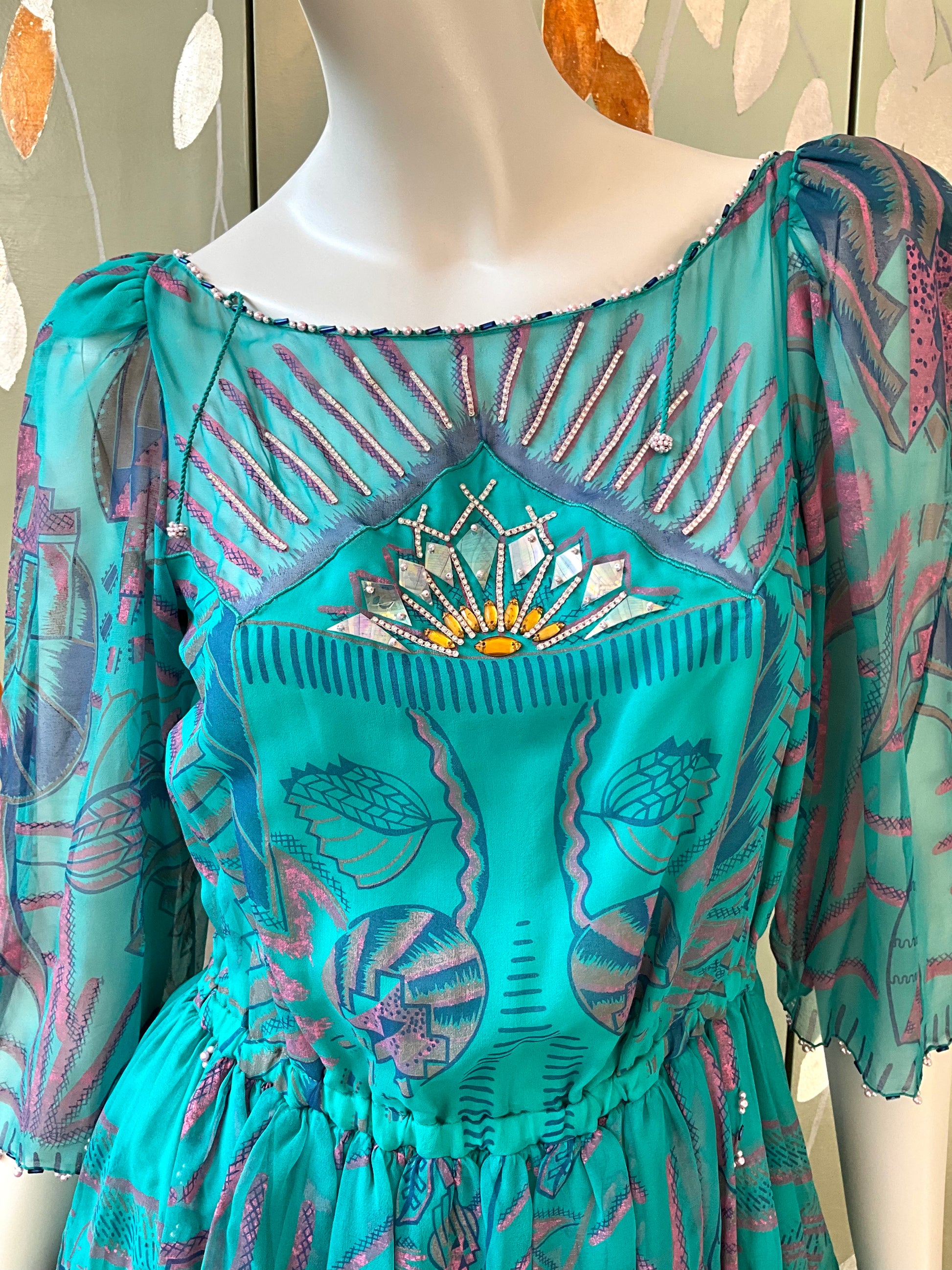 Vintage 1983 Zandra Rhodes Turquoise Printed Embellished Silk Chiffon Fairy Gown, Size 6