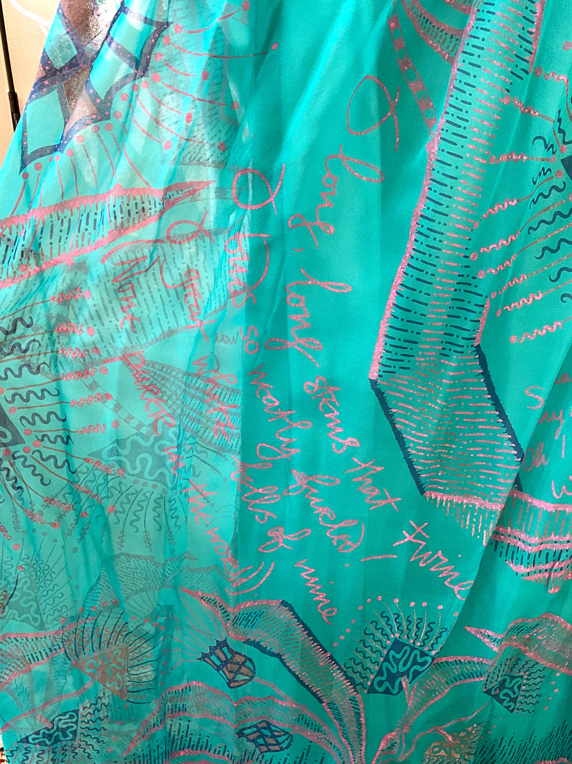 Vintage 1983 Zandra Rhodes Turquoise Printed Embellished Silk Chiffon Fairy Gown, Size 6