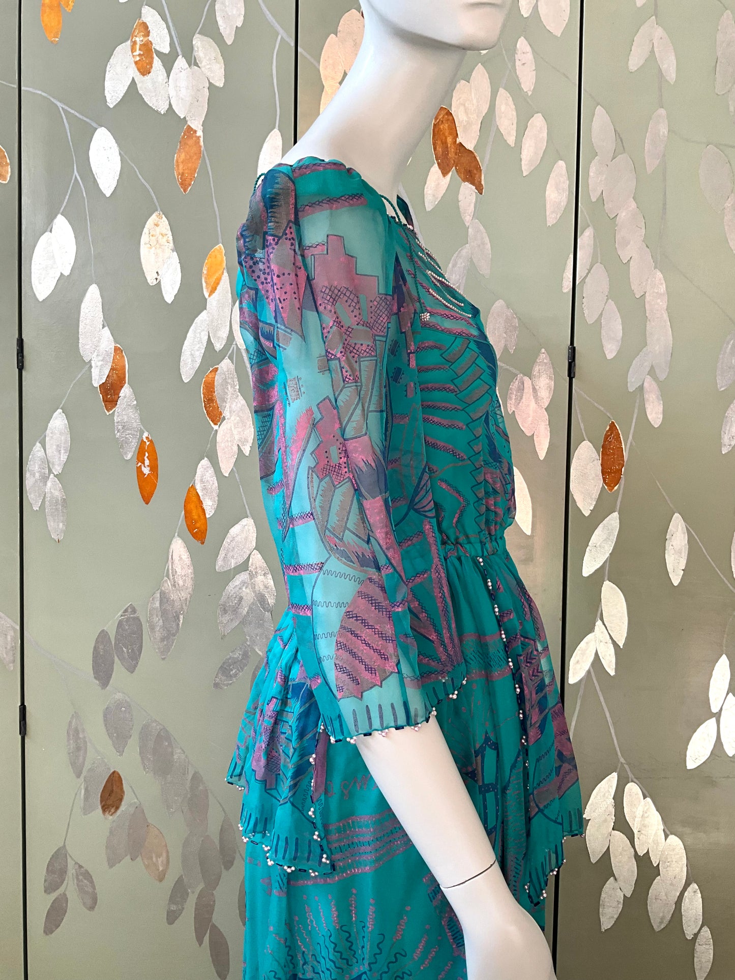 Vintage 1983 Zandra Rhodes Turquoise Printed Embellished Silk Chiffon Fairy Gown, Size 6