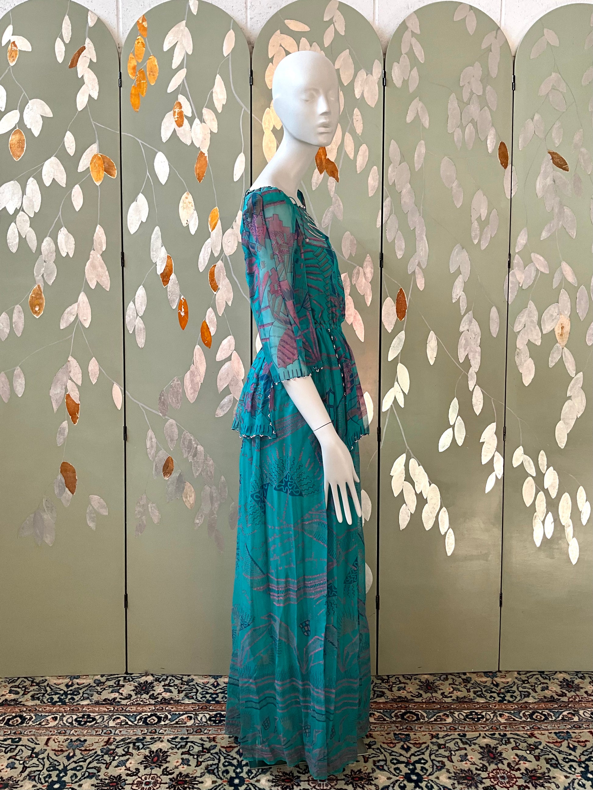 Vintage 1983 Zandra Rhodes Turquoise Printed Embellished Silk Chiffon Fairy Gown, Size 6