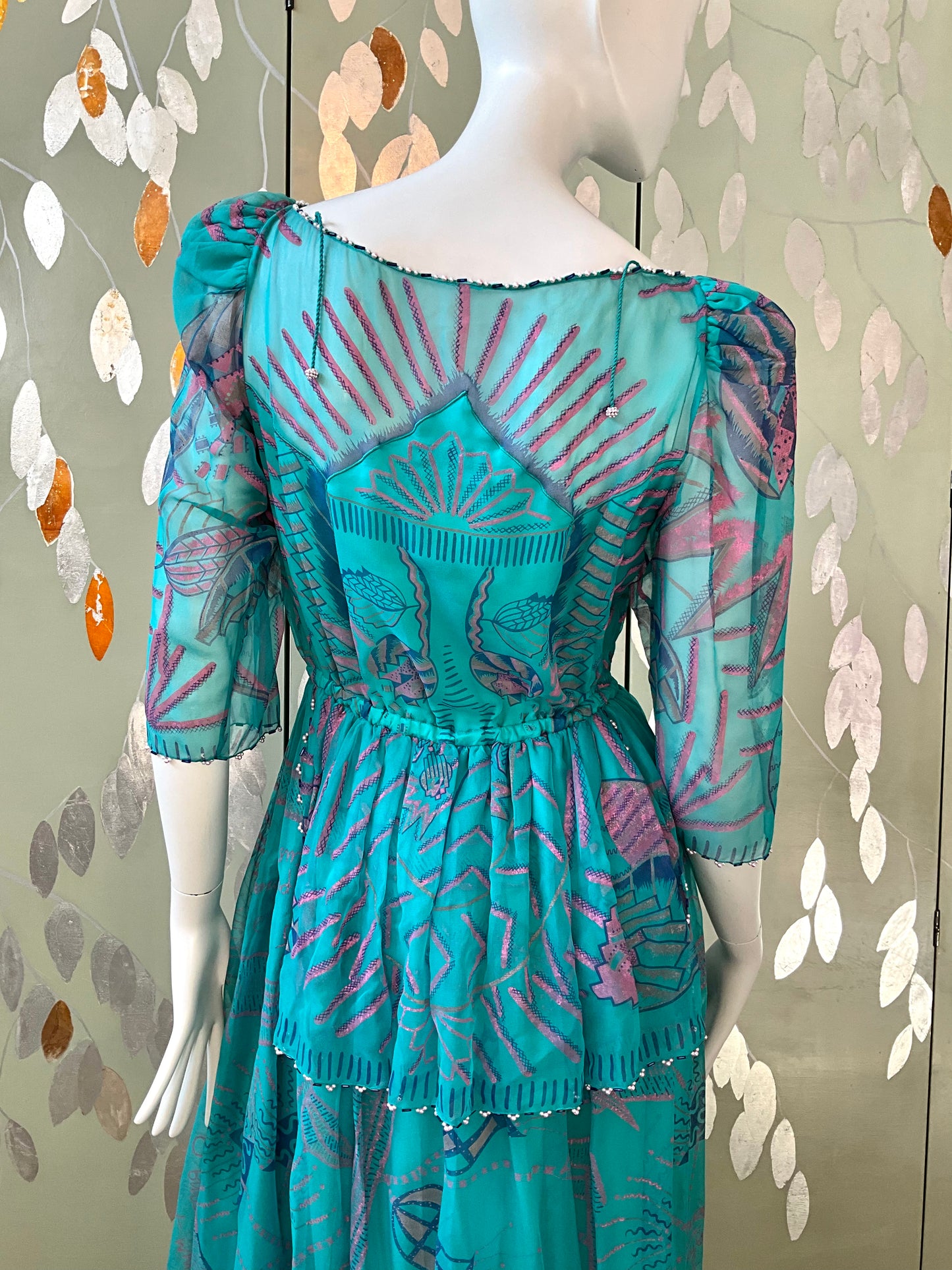Vintage 1983 Zandra Rhodes Turquoise Printed Embellished Silk Chiffon Fairy Gown, Size 6