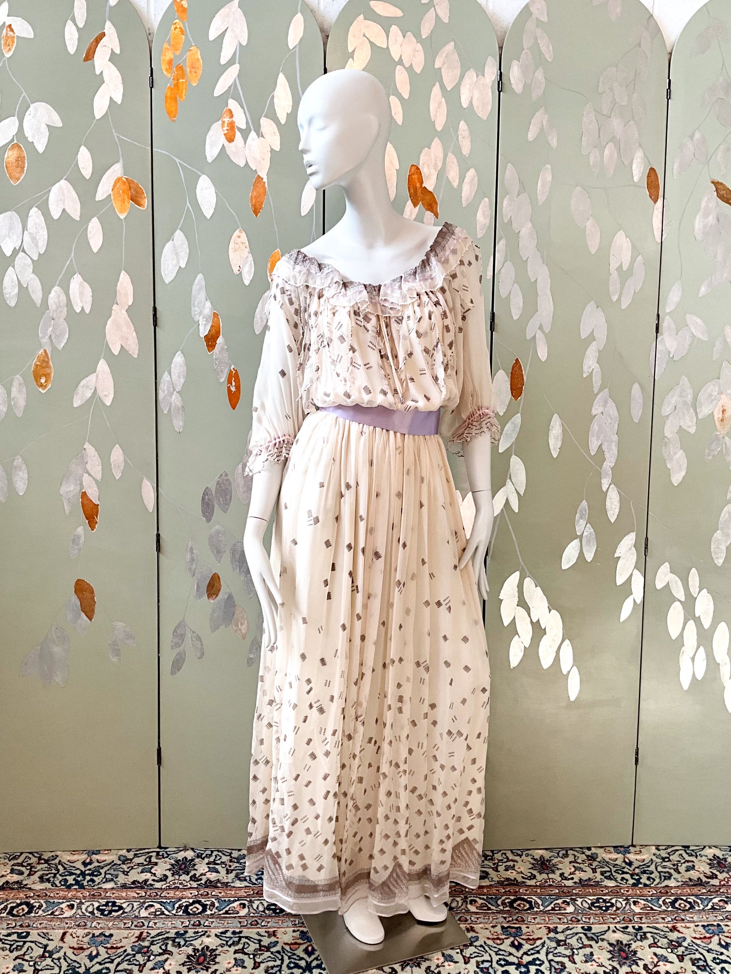 Vintage 1980s Zandra Rhodes Cream Chiffon Printed Maxi Dress, Medium