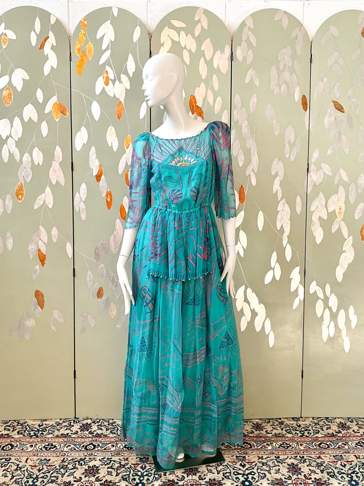 Vintage 1983 Zandra Rhodes Turquoise Printed Embellished Silk Chiffon Fairy Gown, Size 6