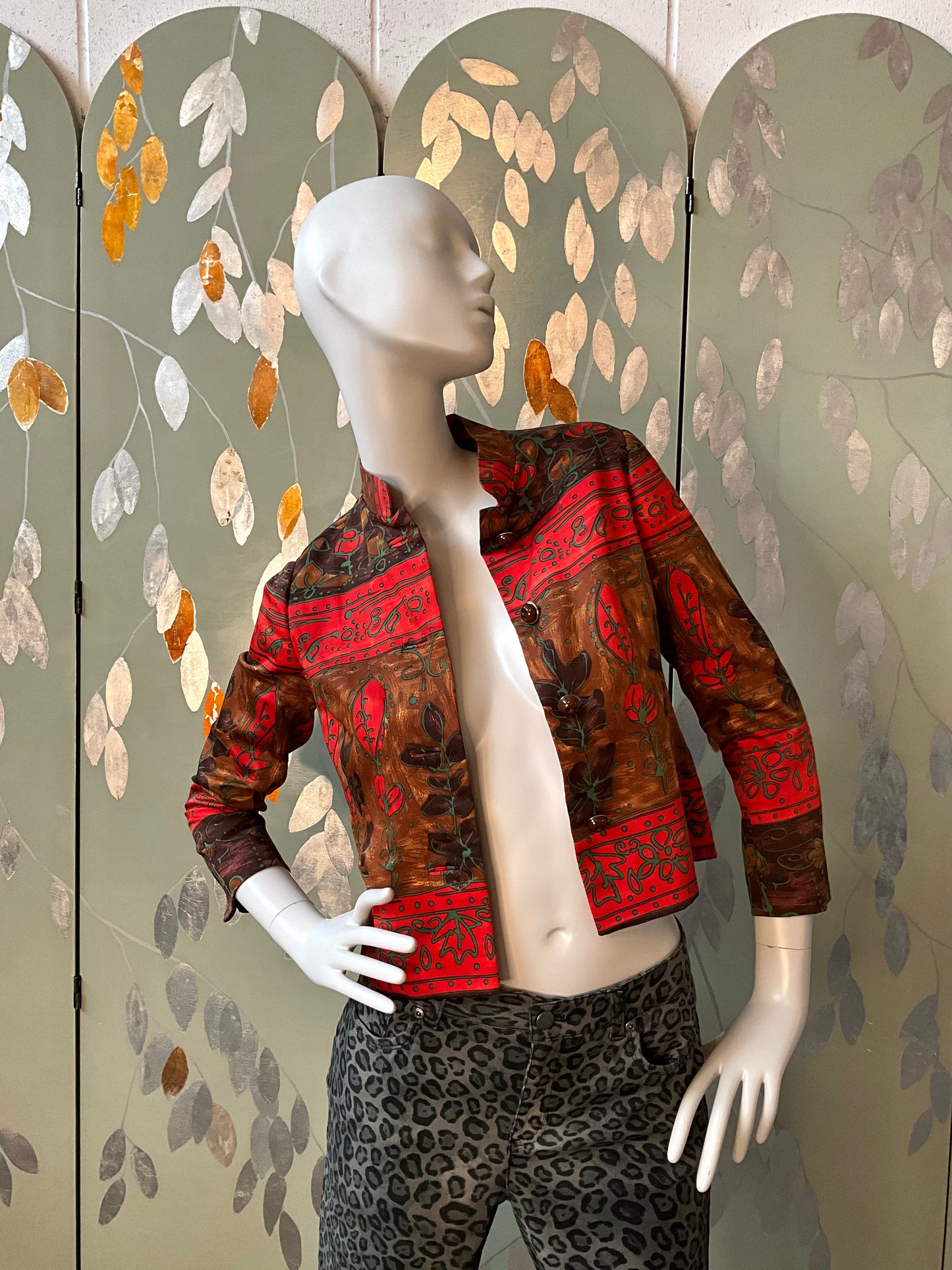Vintage 1960s Red and Brown Cotton Print Mandarin Collar Fitted Jacket, XS