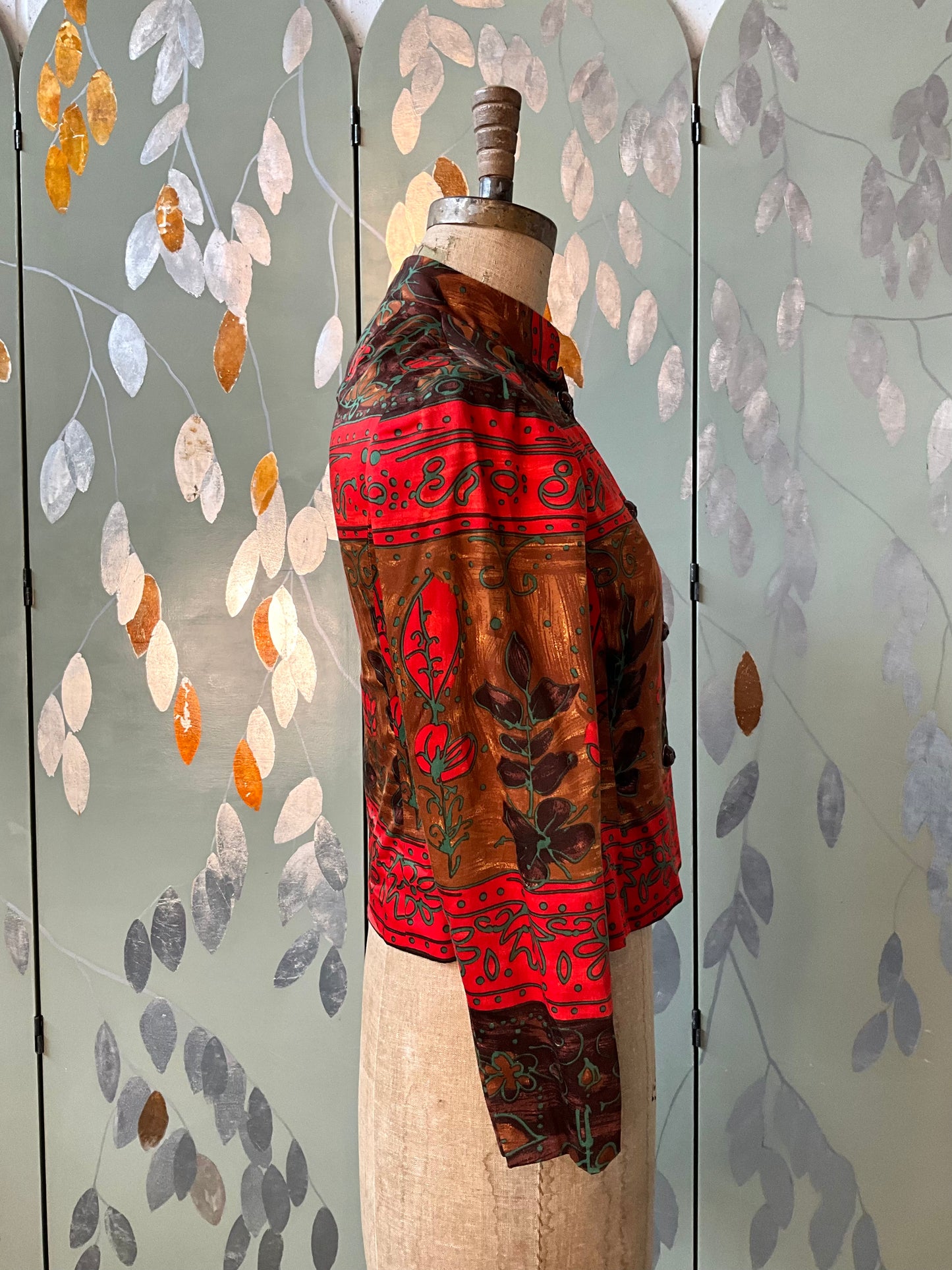 Vintage 1960s Red and Brown Cotton Print Mandarin Collar Fitted Jacket, XS
