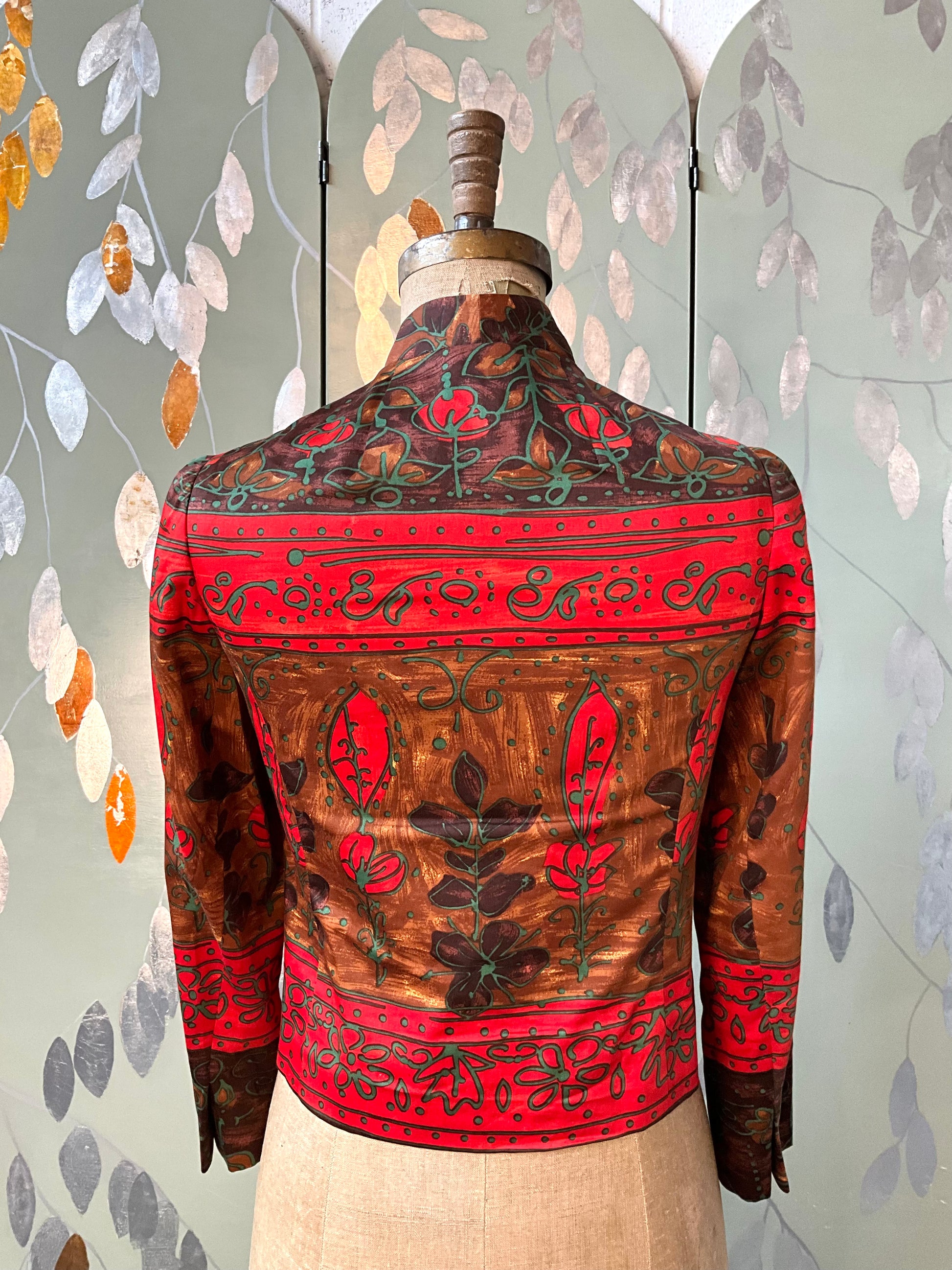 Vintage 1960s Red and Brown Cotton Print Mandarin Collar Fitted Jacket, XS