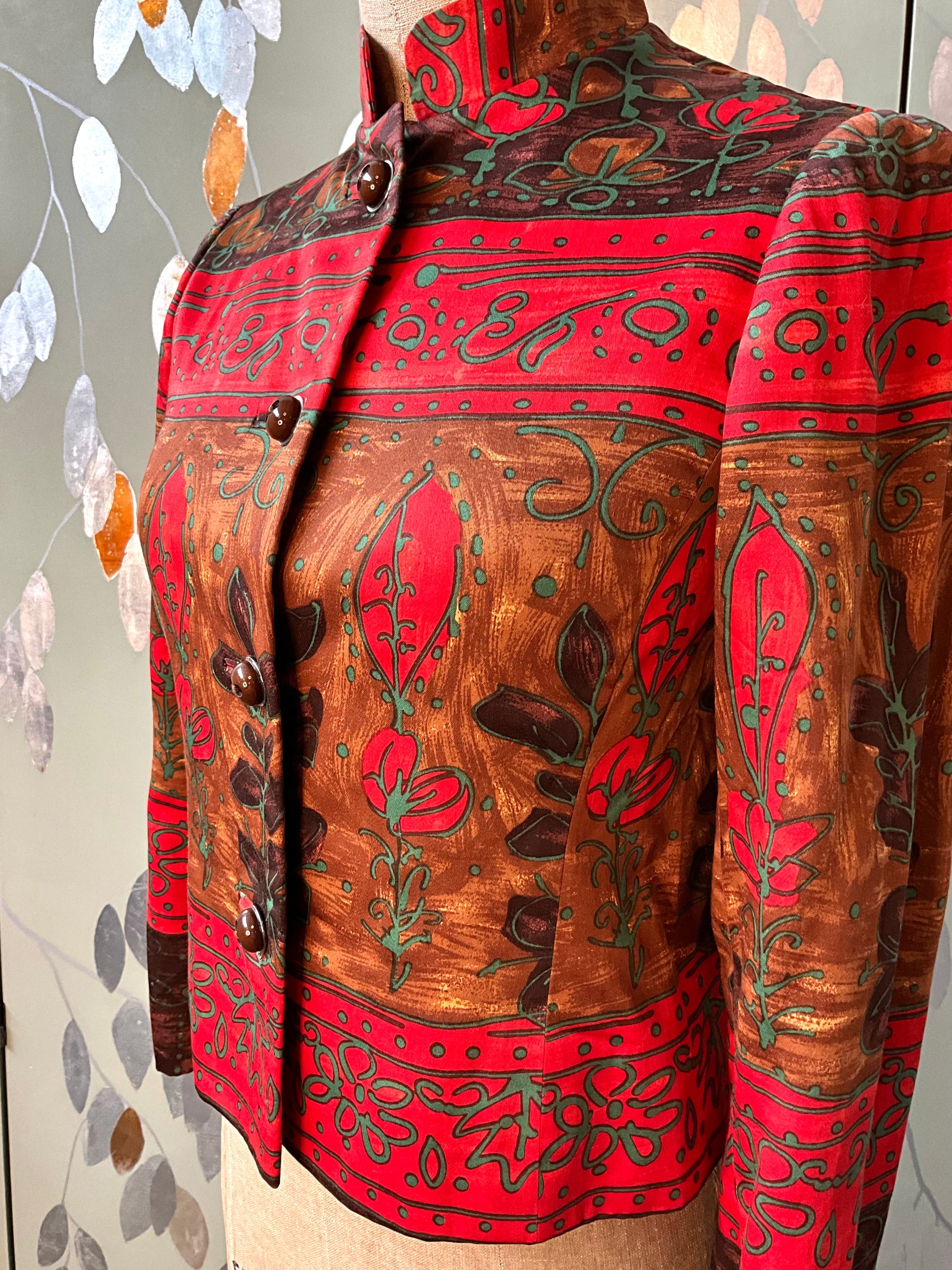 Vintage 1960s Red and Brown Cotton Print Mandarin Collar Fitted Jacket, XS