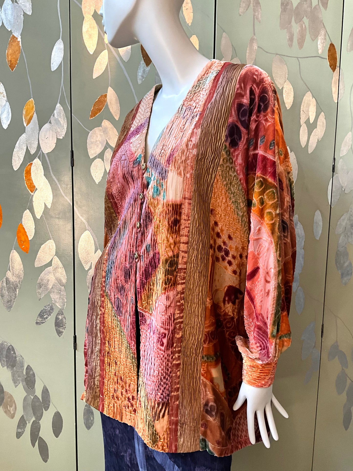 Vintage 1990s Zonda Nellis Orange Pink Patterned Burnout Velvet Jacket