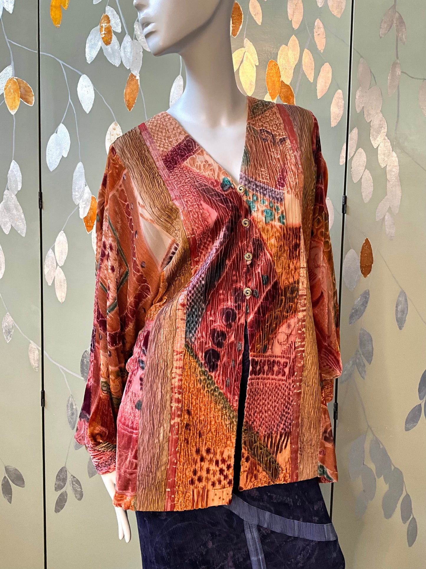 Vintage 1990s Zonda Nellis Orange Pink Patterned Burnout Velvet Jacket
