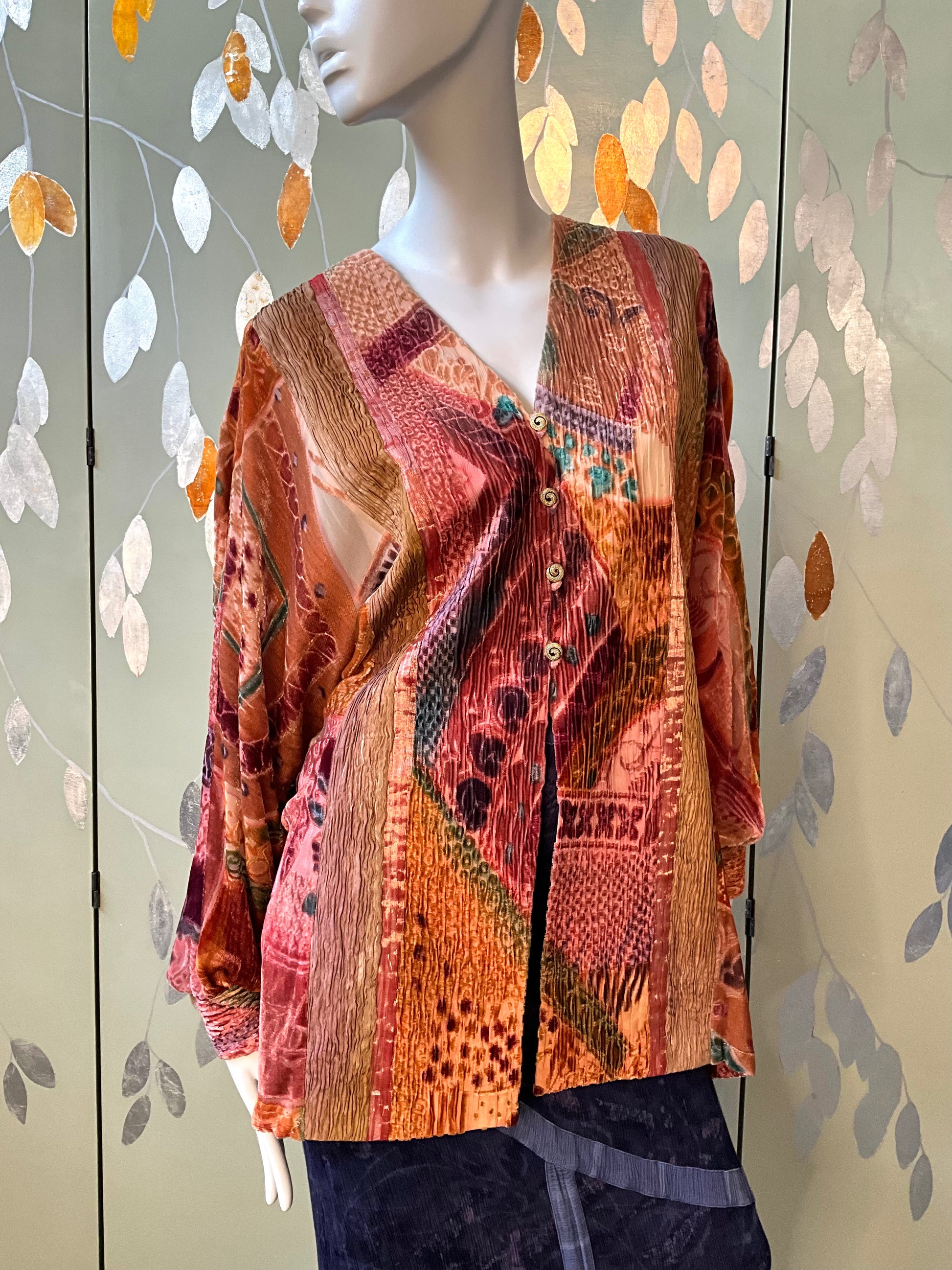 Vintage 1990s Zonda Nellis Orange Pink Patterned Burnout Velvet Jacket