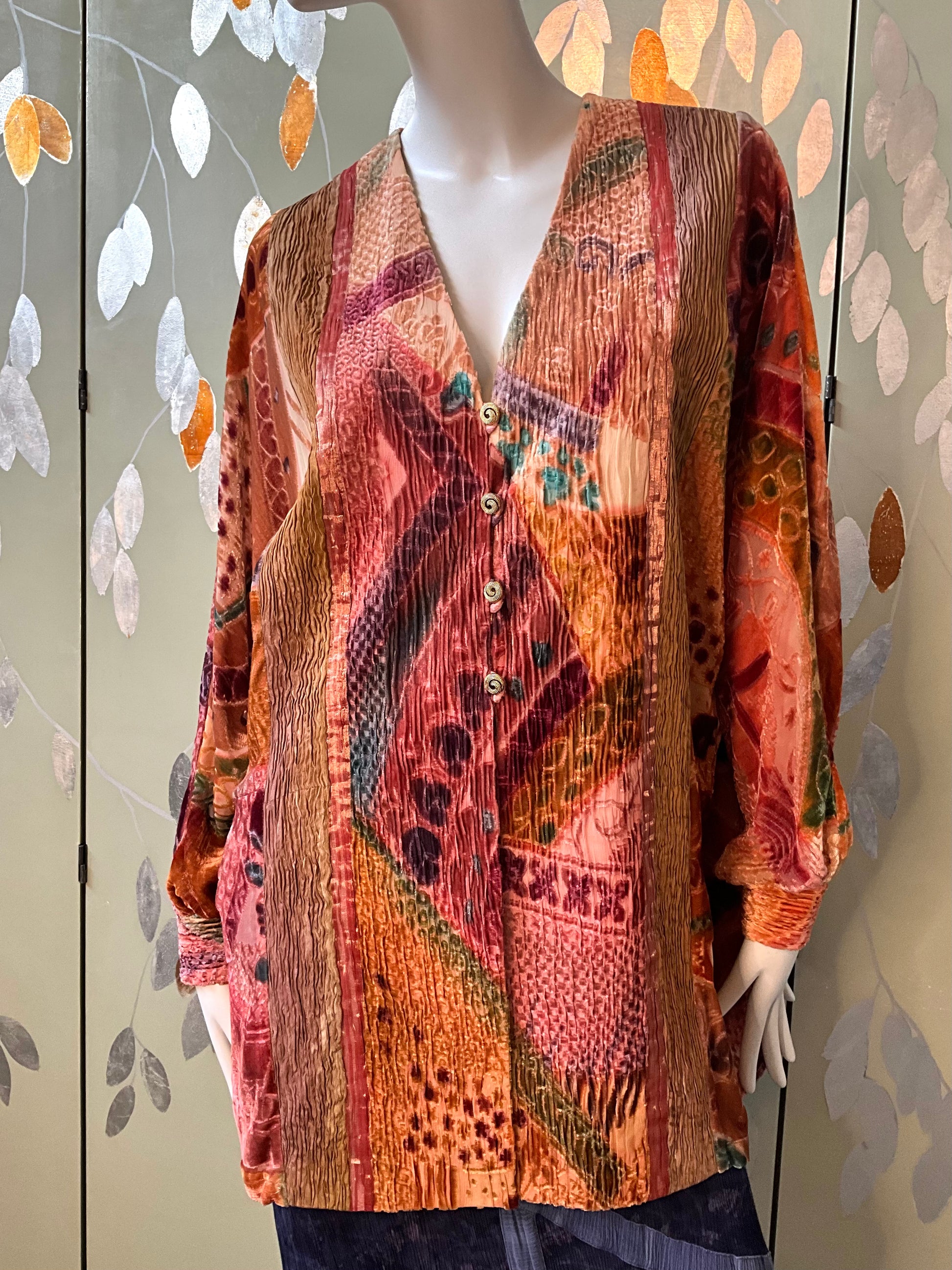Vintage 1990s Zonda Nellis Orange Pink Patterned Burnout Velvet Jacket
