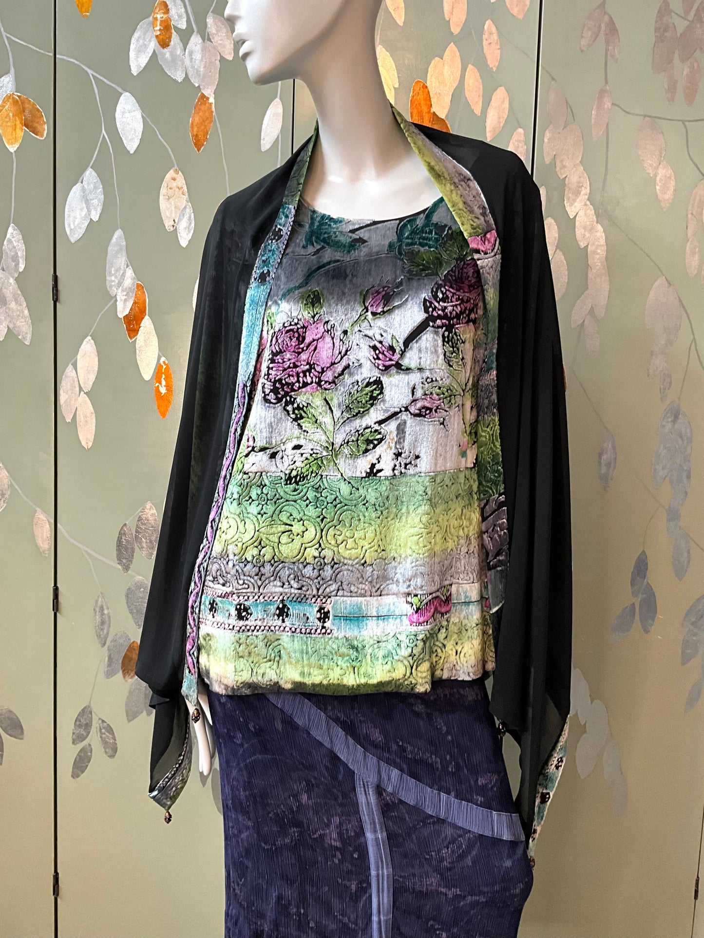 Vintage 1980s Zonda Nellis Silk Flocked Velvet Rose Top and Scarf Set