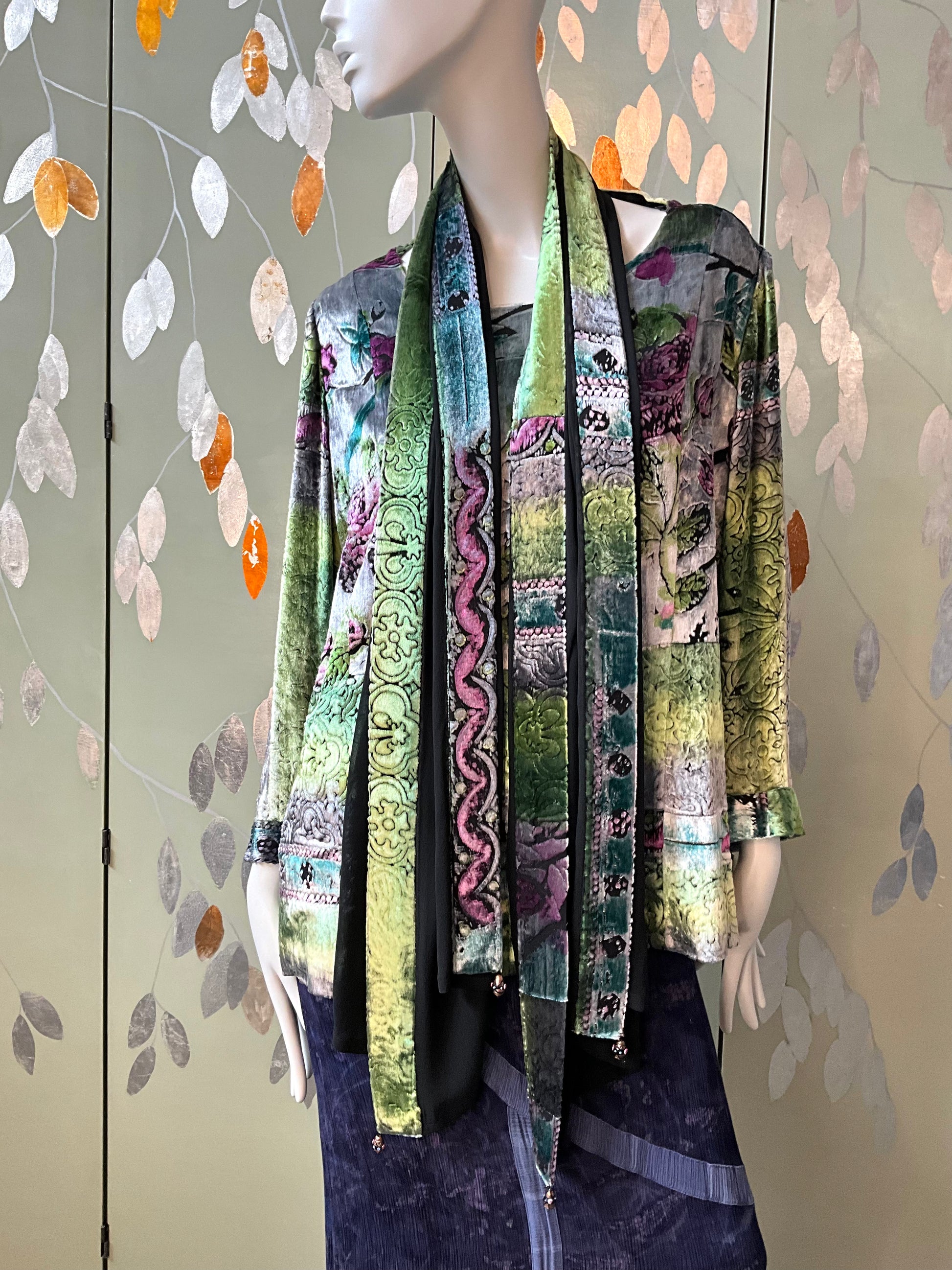 Vintage 1980s Zonda Nellis Silk Flocked Velvet Rose Top and Scarf Set