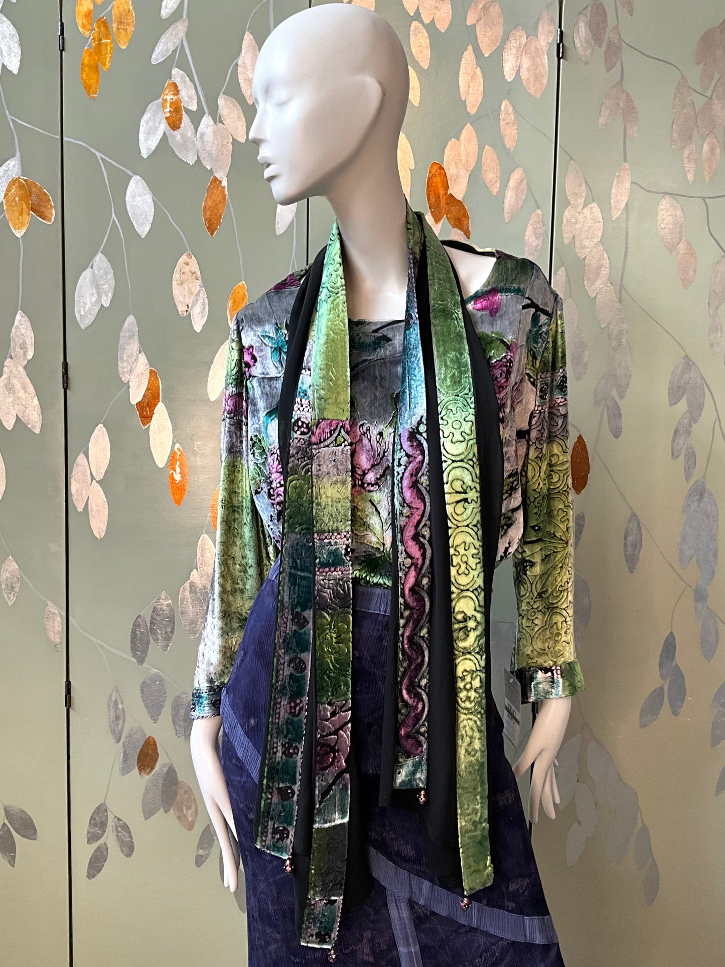 Vintage 1980s Zonda Nellis Silk Flocked Velvet Rose Top and Scarf Set