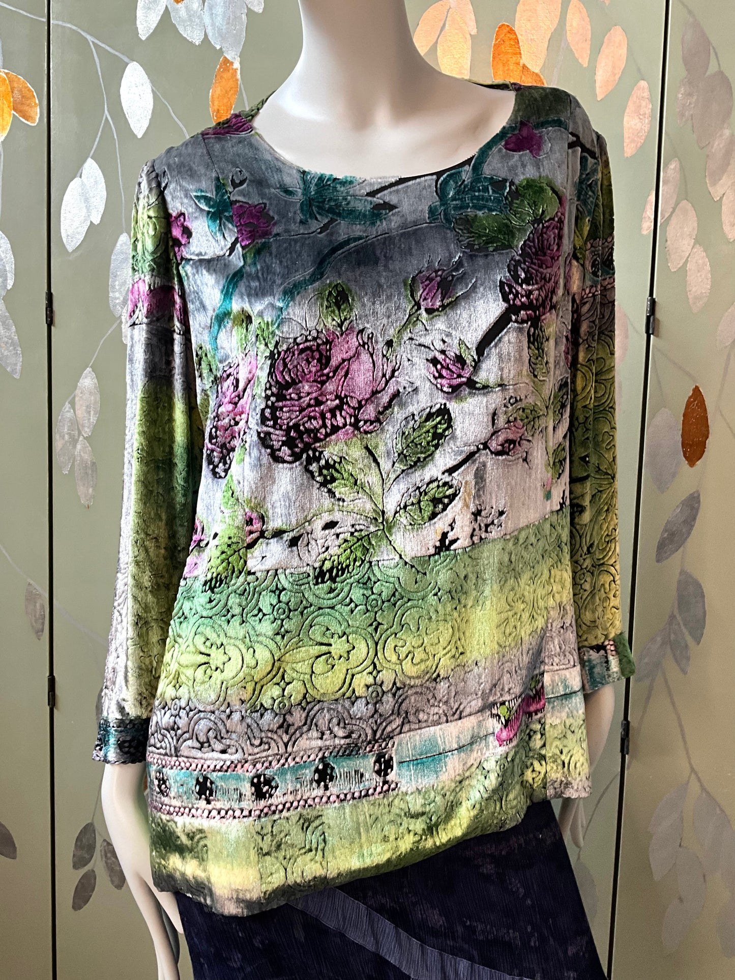 Vintage 1980s Zonda Nellis Silk Flocked Velvet Rose Top and Scarf Set