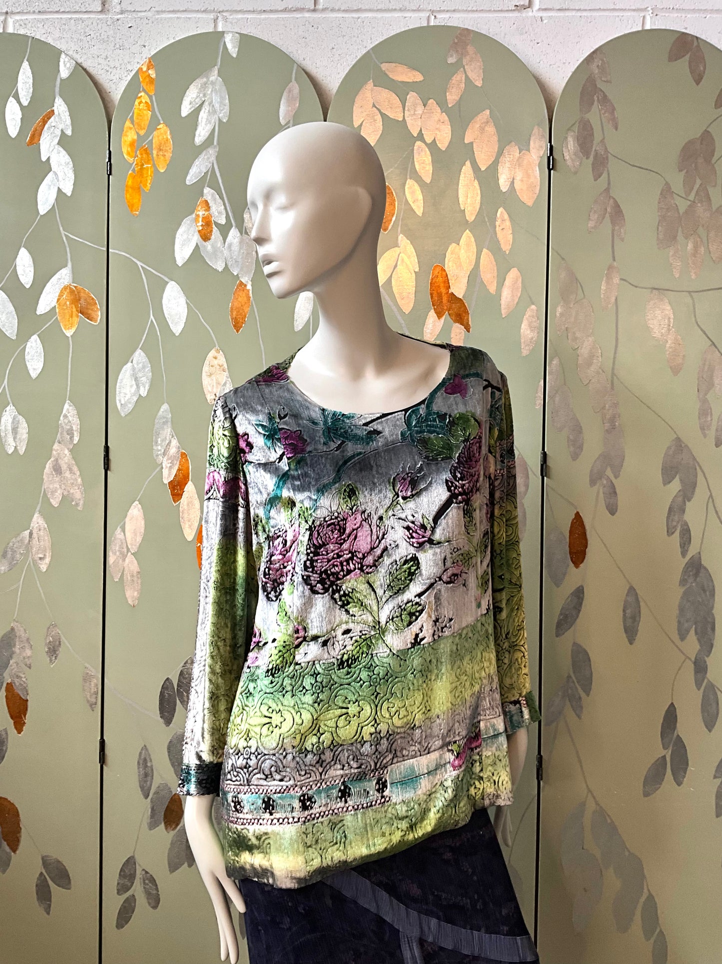 Vintage 1980s Zonda Nellis Silk Flocked Velvet Rose Top and Scarf Set