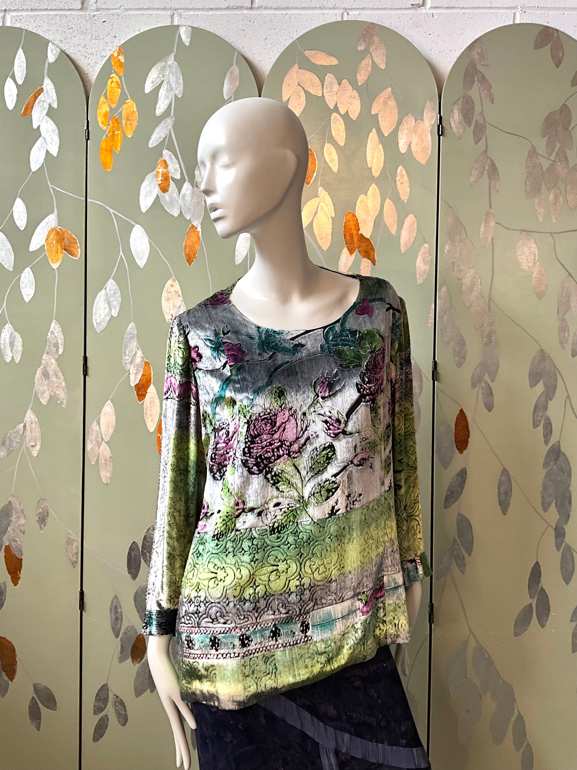 Vintage 1980s Zonda Nellis Silk Flocked Velvet Rose Top and Scarf Set