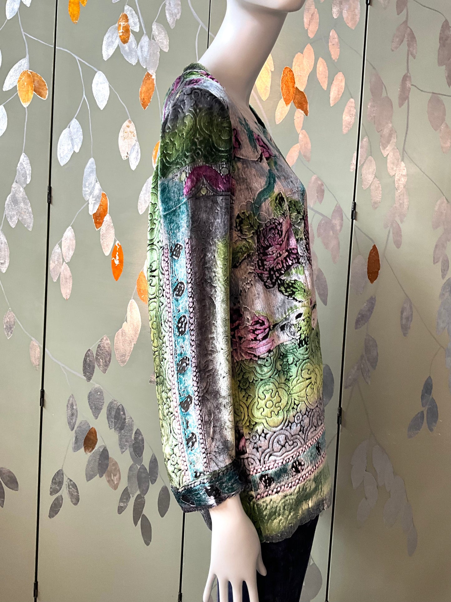 Vintage 1980s Zonda Nellis Silk Flocked Velvet Rose Top and Scarf Set