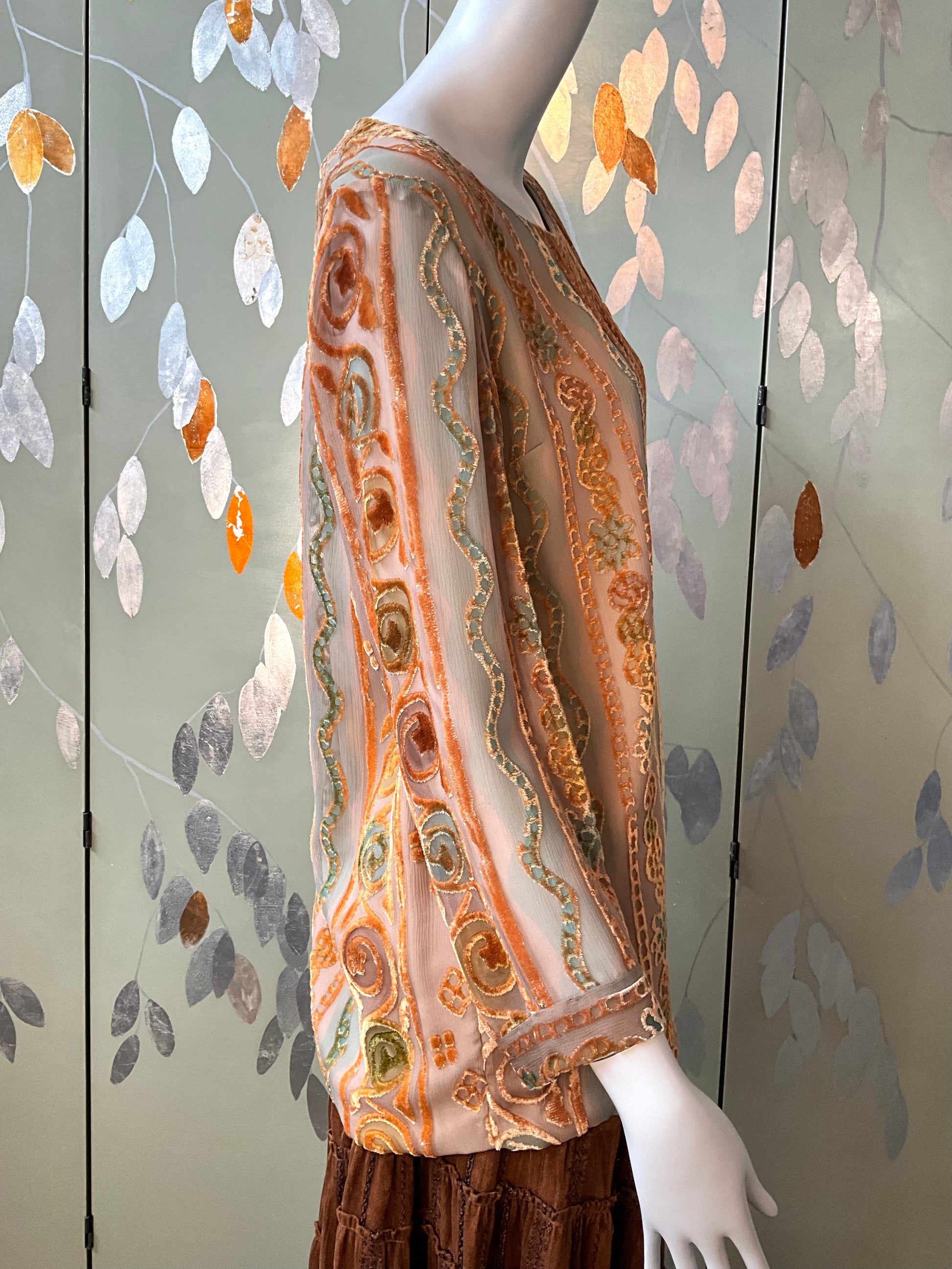 Vintage 1990s Zonda Nellis Orange Patterned Burnout Velvet Top