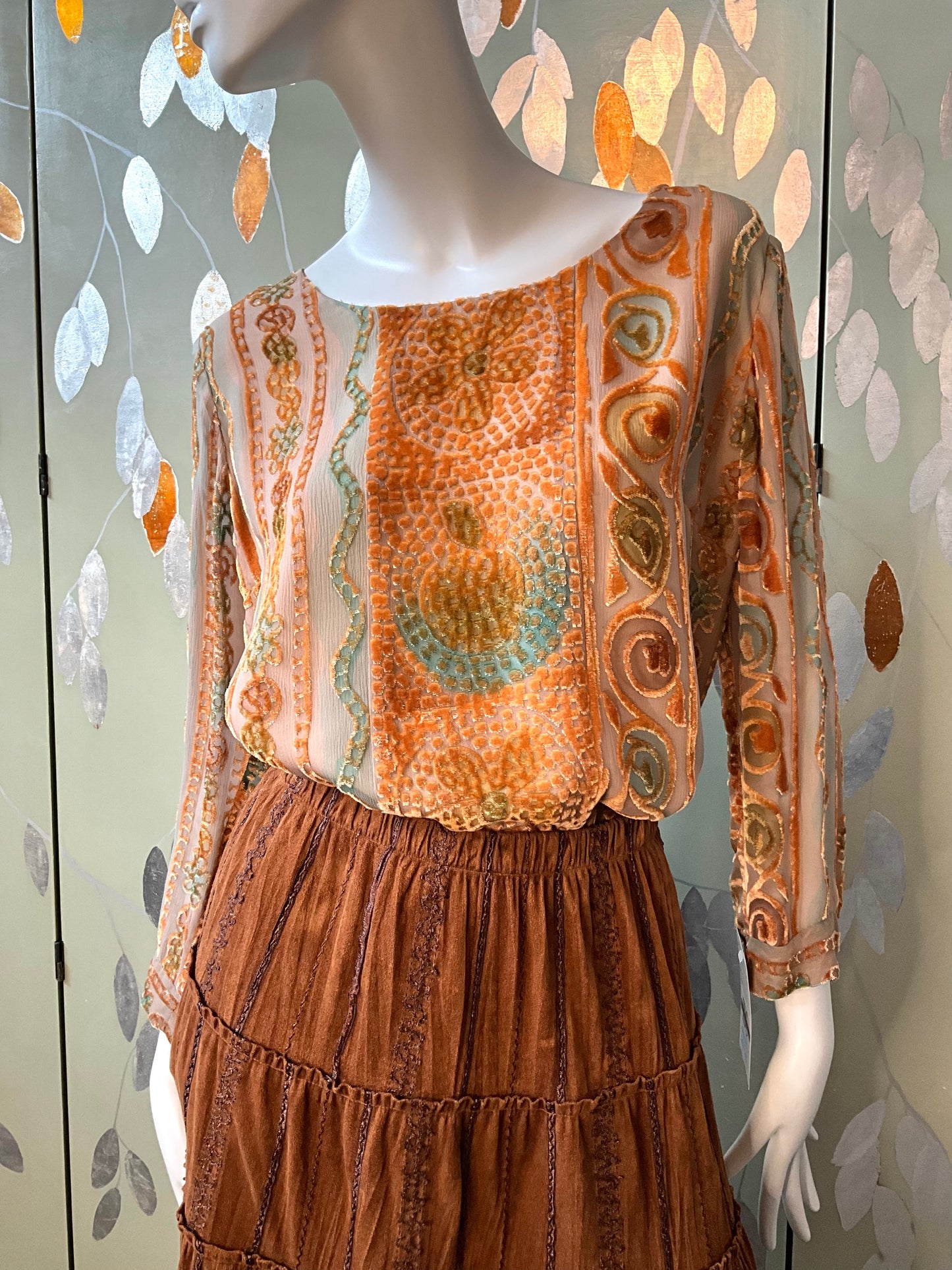 Vintage 1990s Zonda Nellis Orange Patterned Burnout Velvet Top
