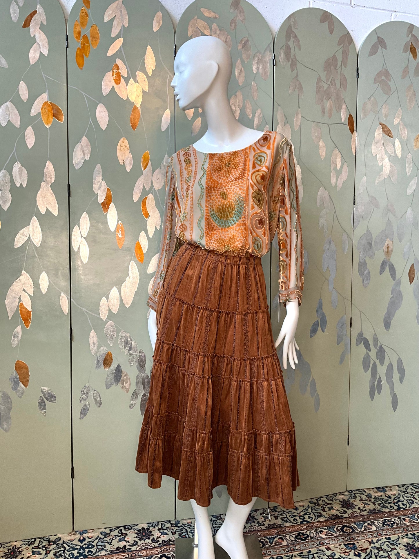 Vintage 1990s Zonda Nellis Orange Patterned Burnout Velvet Top