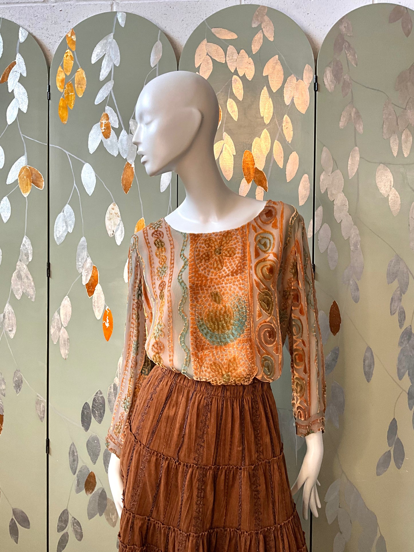 Vintage 1990s Zonda Nellis Orange Patterned Burnout Velvet Top