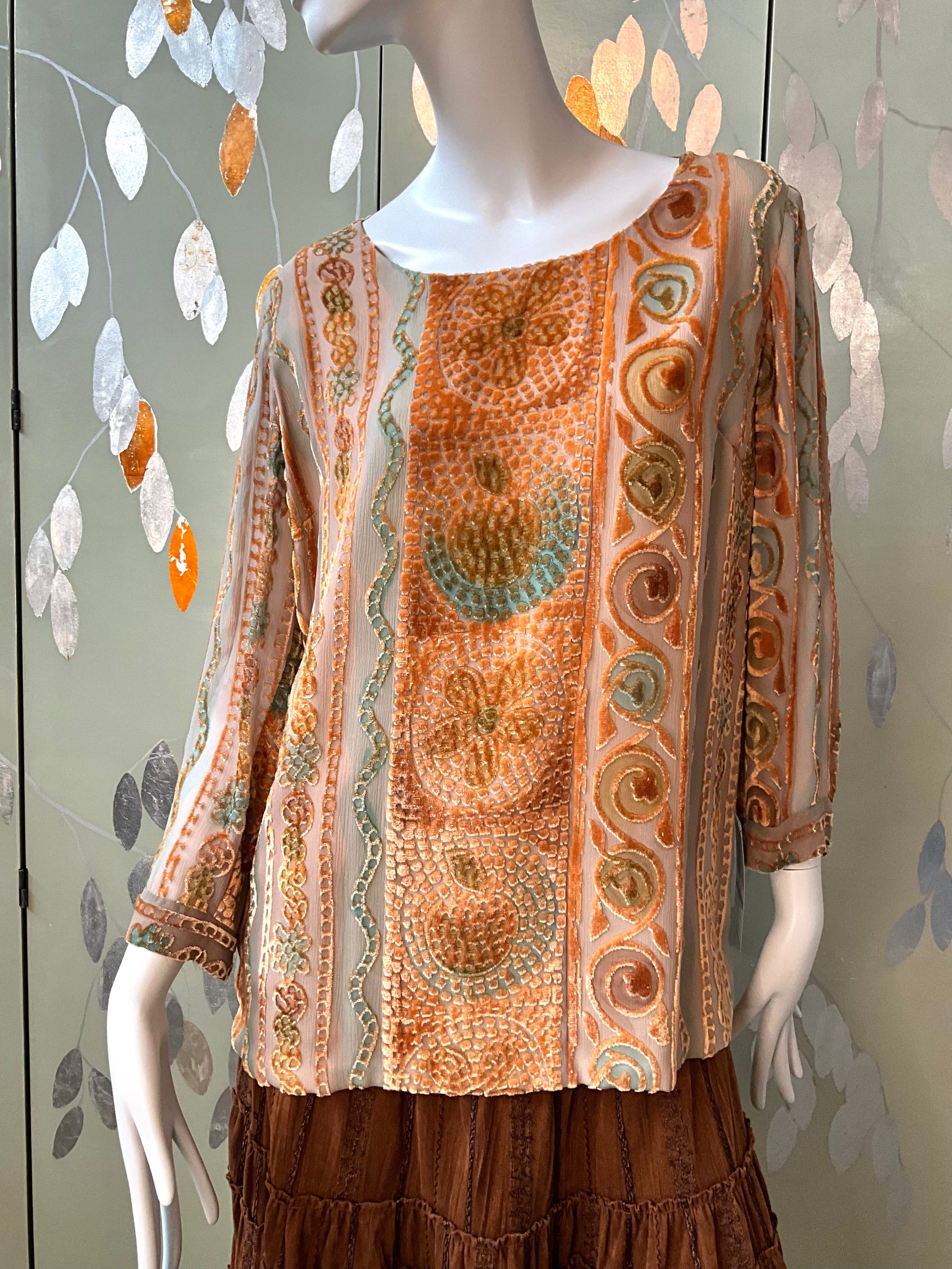 Vintage 1990s Zonda Nellis Orange Patterned Burnout Velvet Top