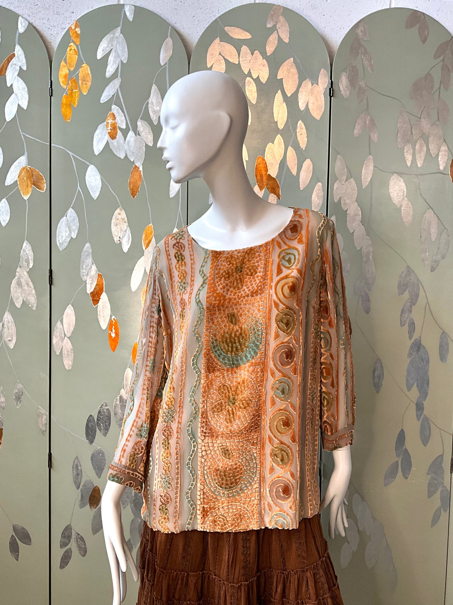 Vintage 1990s Zonda Nellis Orange Patterned Burnout Velvet Top