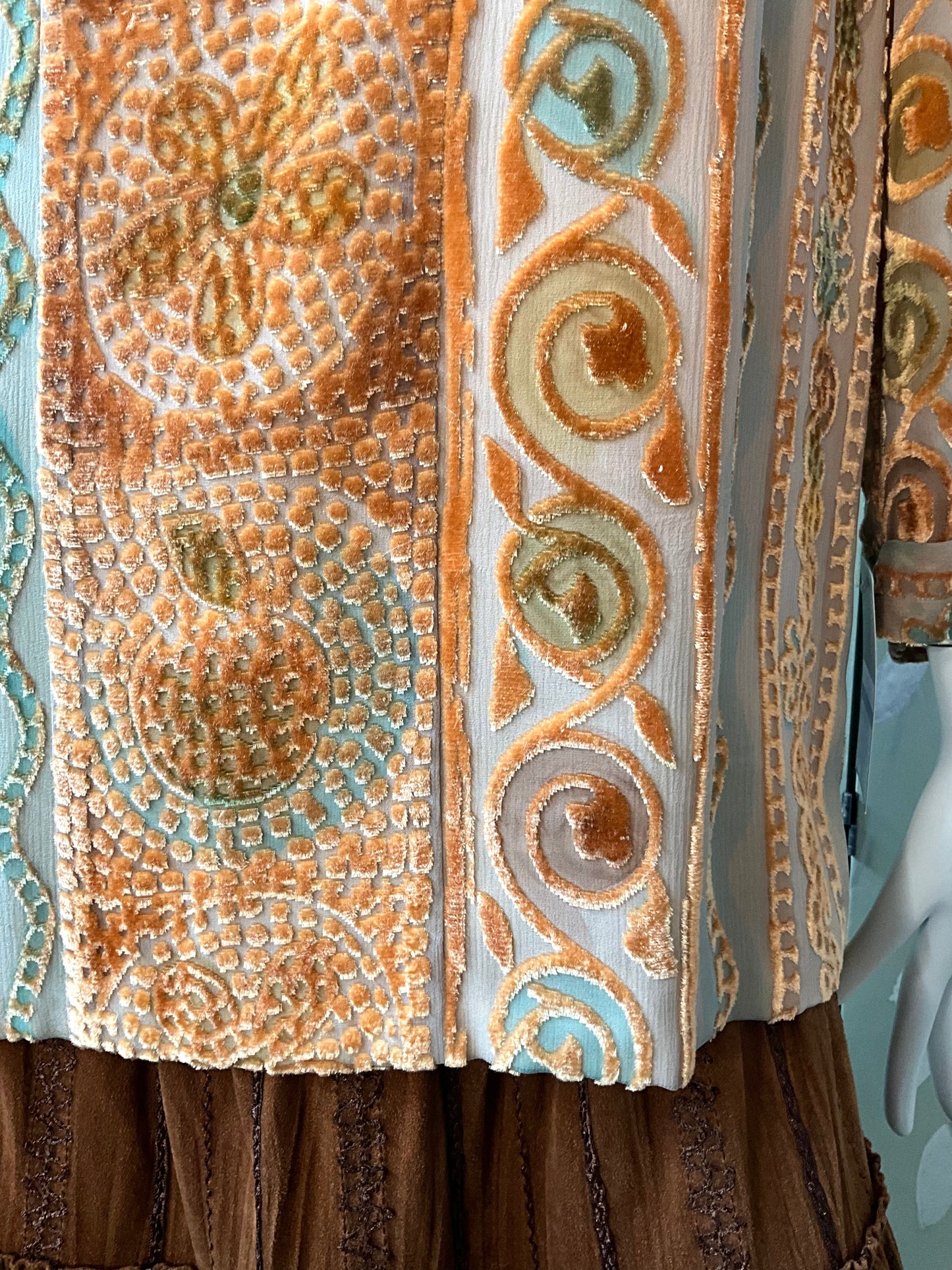 Vintage 1990s Zonda Nellis Orange Patterned Burnout Velvet Top