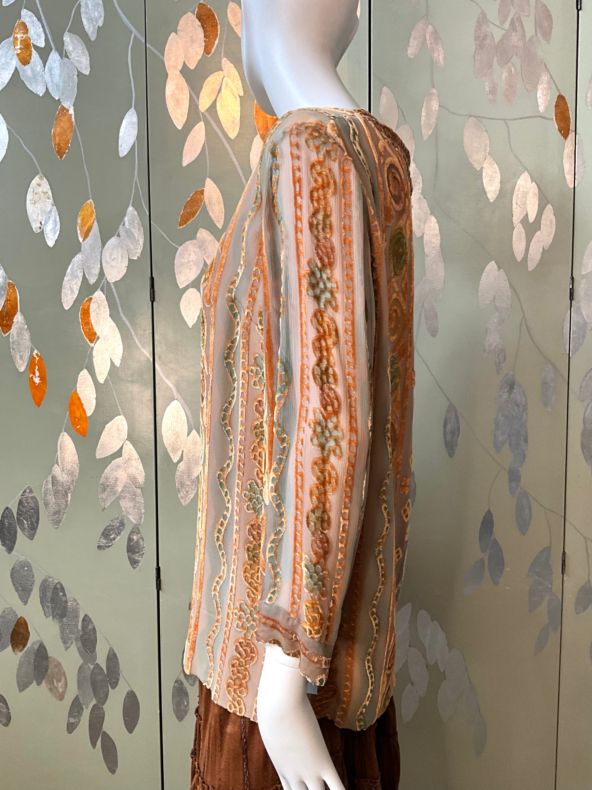 Vintage 1990s Zonda Nellis Orange Patterned Burnout Velvet Top