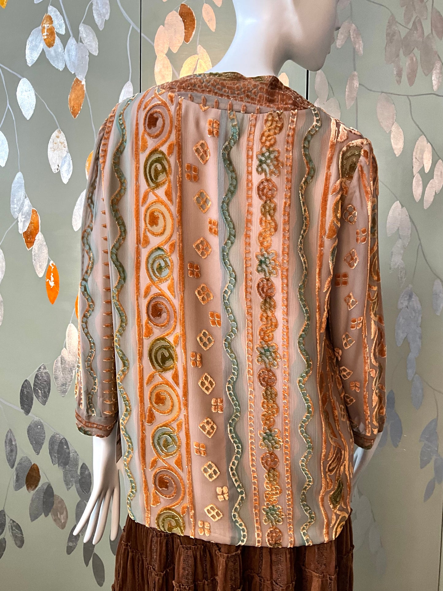 Vintage 1990s Zonda Nellis Orange Patterned Burnout Velvet Top