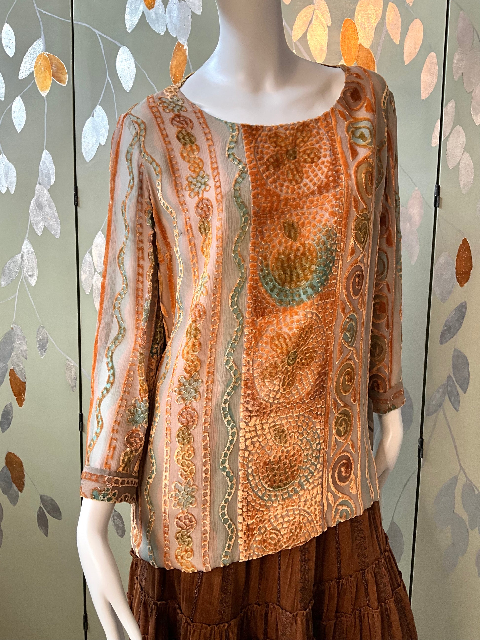 Vintage 1990s Zonda Nellis Orange Patterned Burnout Velvet Top