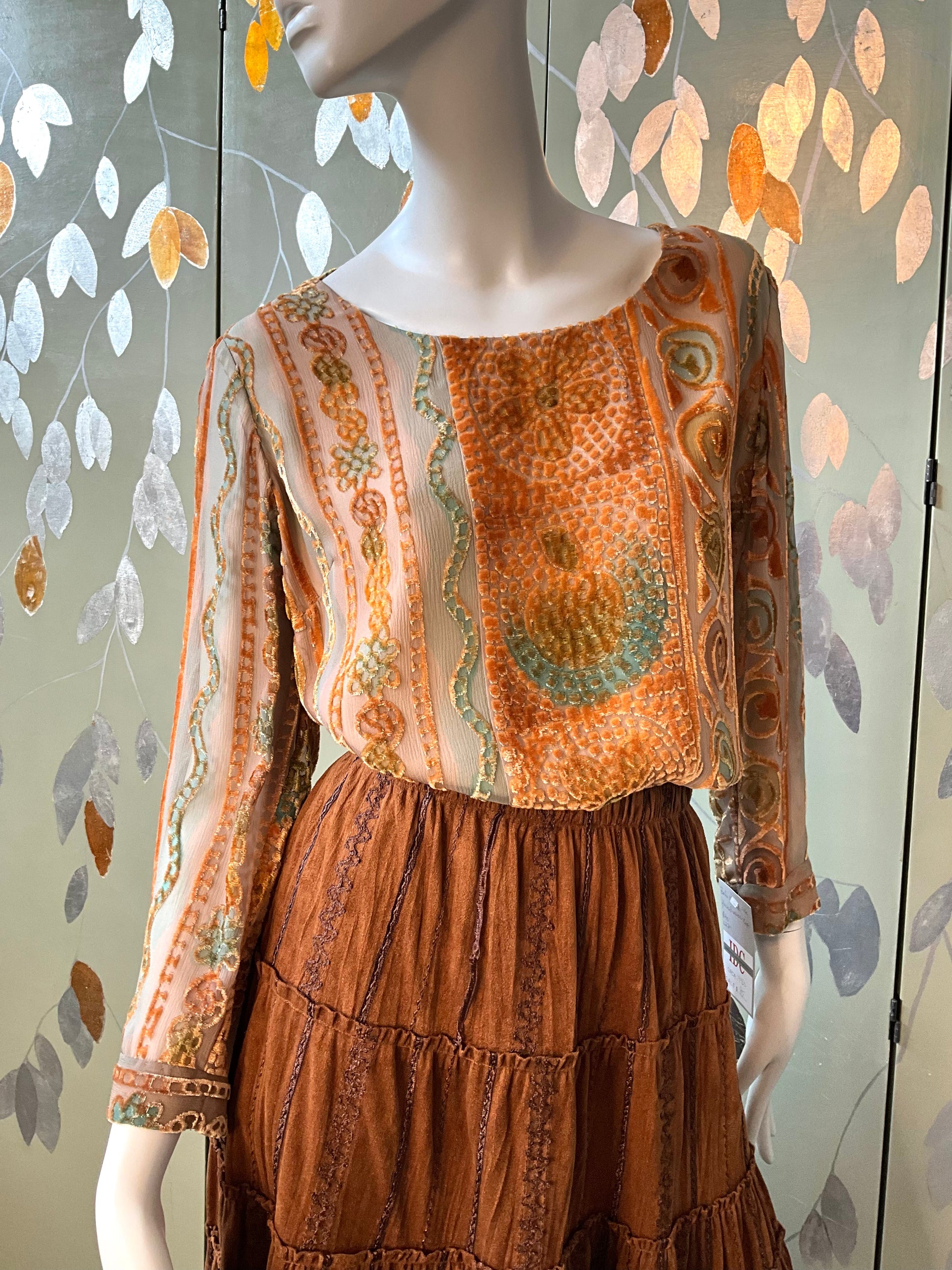 Vintage 1990s Zonda Nellis Orange Patterned Burnout Velvet Top