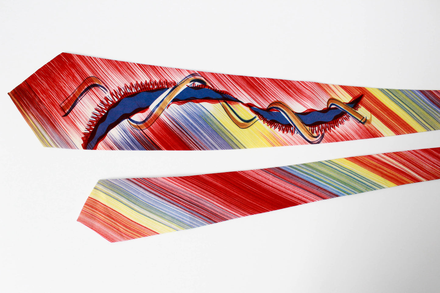 1940s primary colour abstract print hand painted rayon necktie with wide tongue