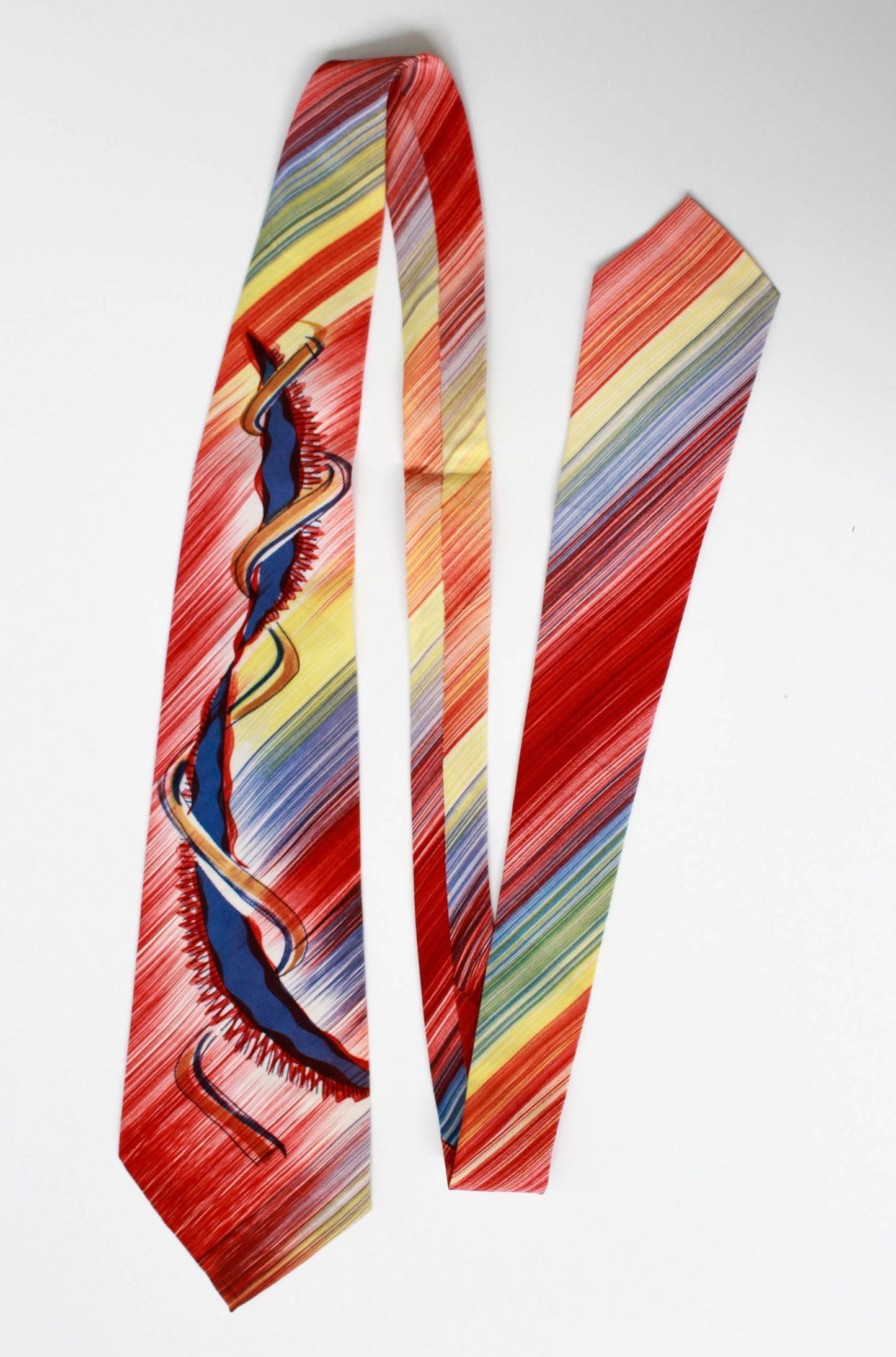 1940s primary colour abstract print hand painted rayon necktie with wide tongue