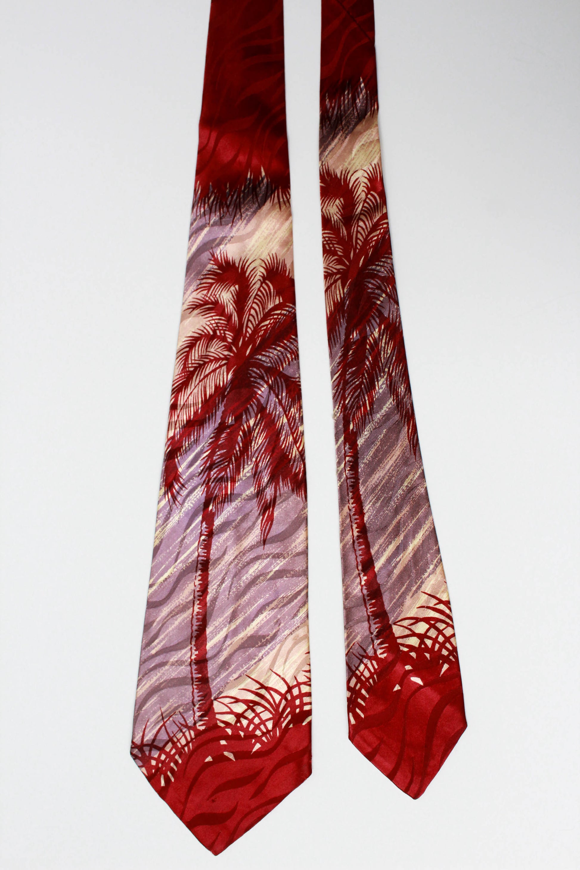 1940s red and gold palm tree print rayon necktie with wide tongue, vintage gift for him