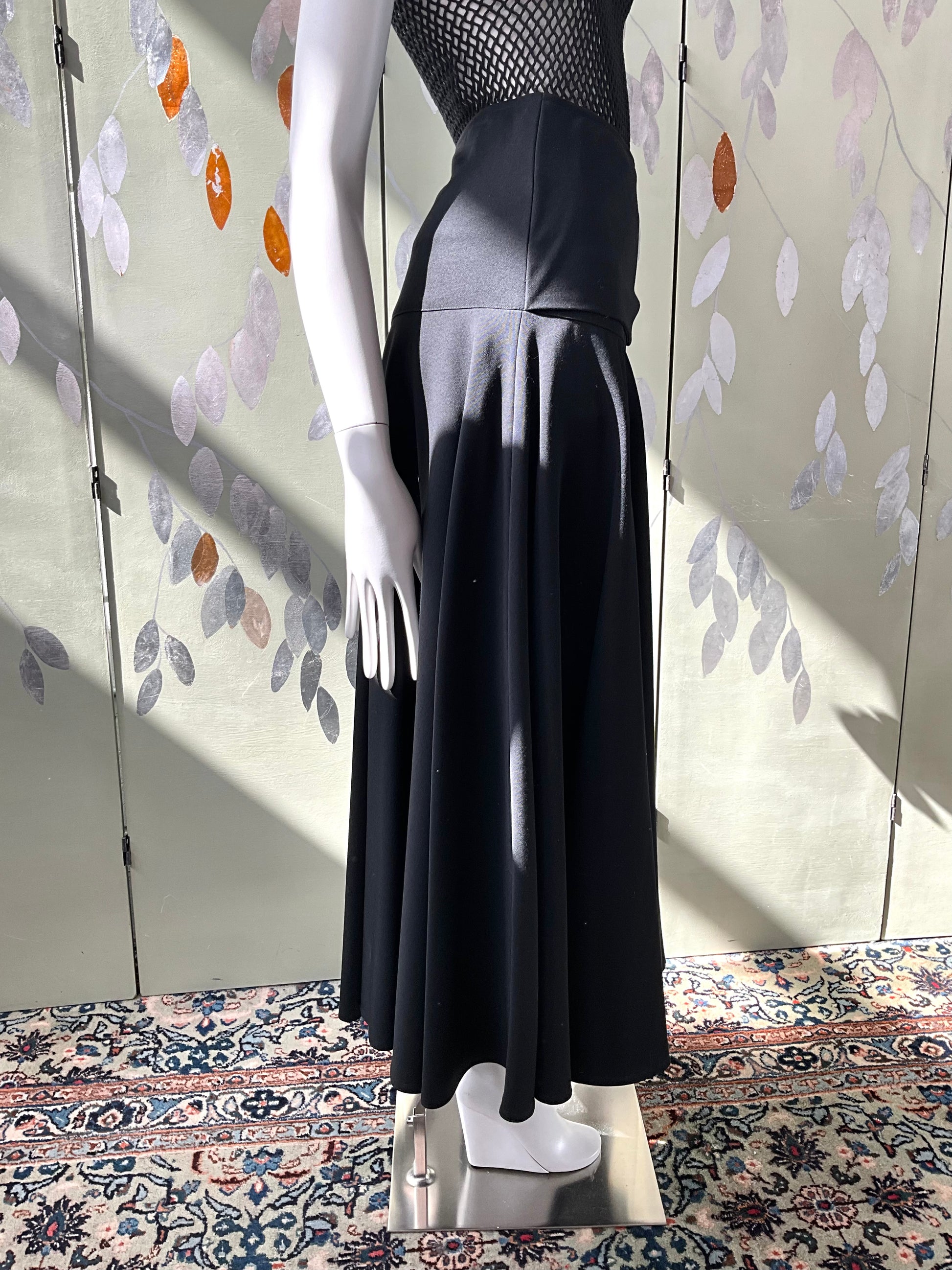 Vintage 1990s Black Wool Full Maxi Skirt with Leather Waist Strap, Medium 