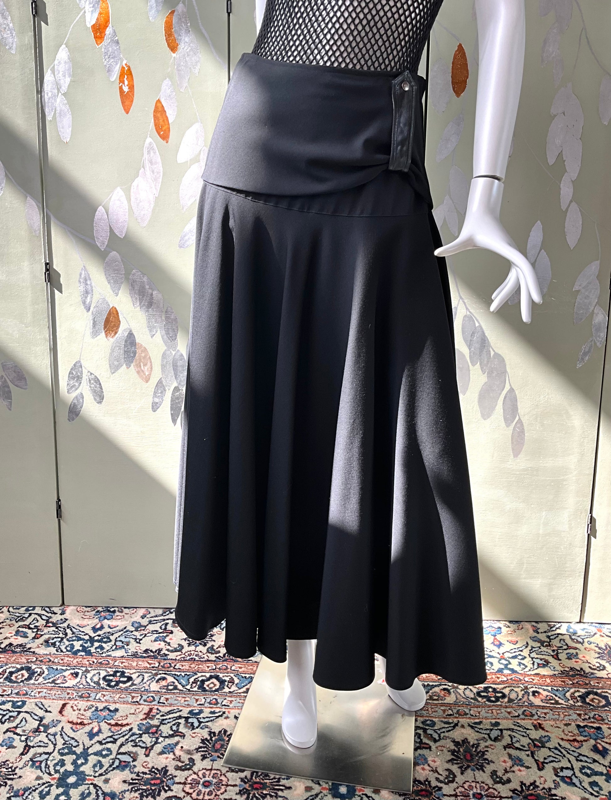 Vintage 1990s Black Wool Full Maxi Skirt with Leather Waist Strap, Medium 