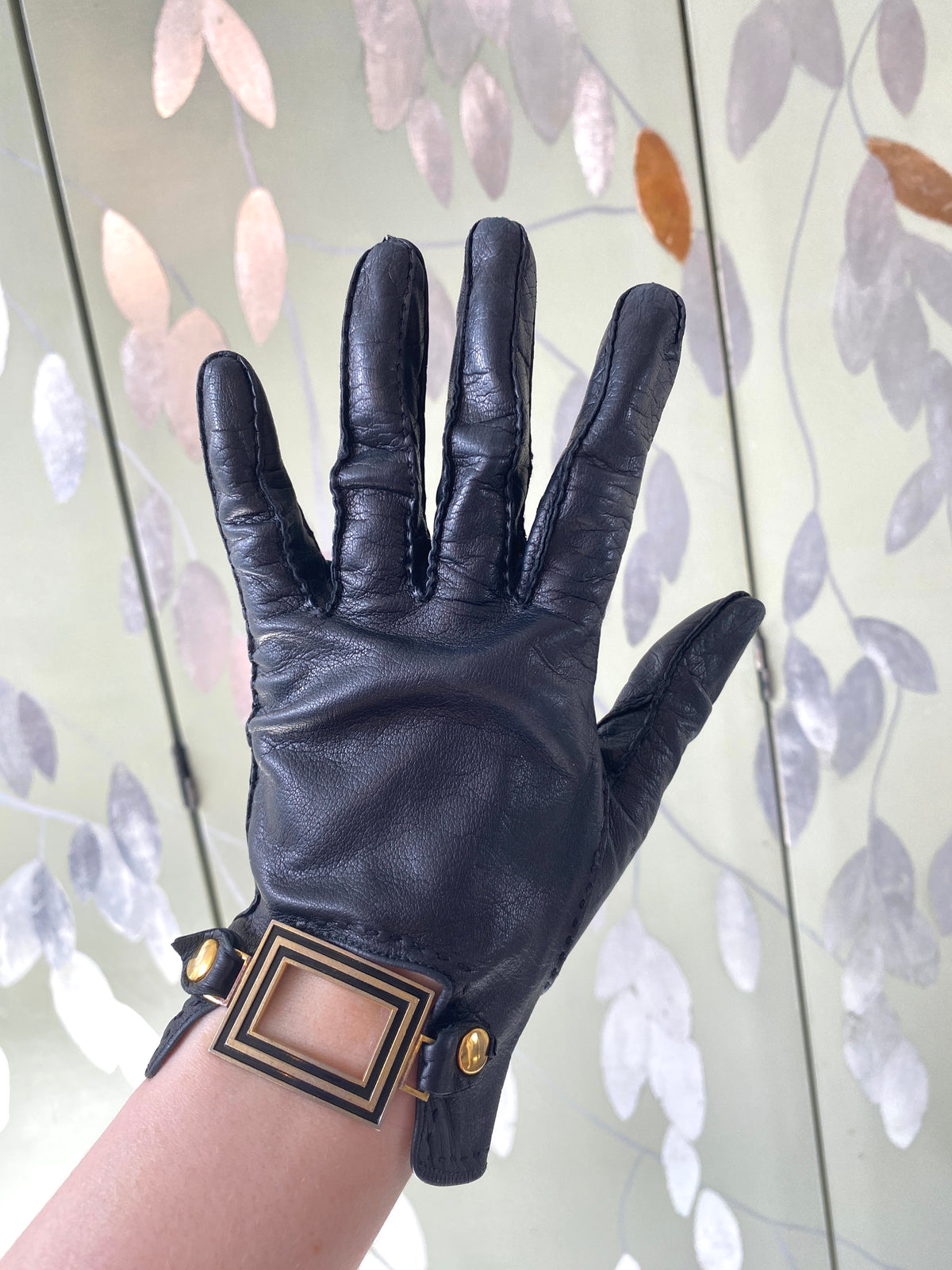 Vintage 1980s Black Leather Cropped Gloves with Black and  display picture 1