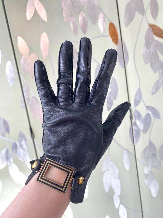 Vintage 1980s Black Leather Cropped Gloves with Black and Gold Buckle, Small 