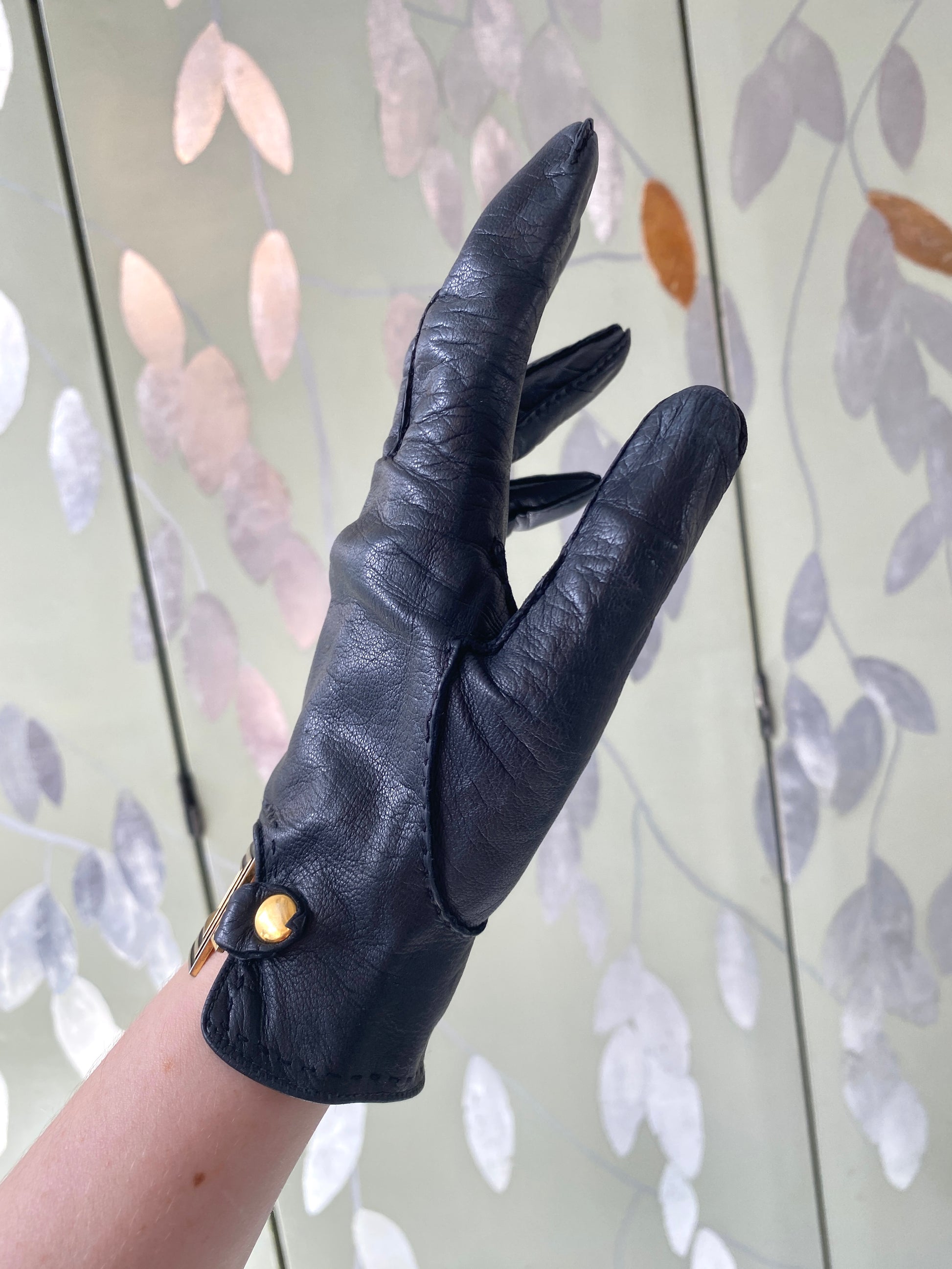 Vintage 1980s Black Leather Cropped Gloves with Black and Gold Buckle, Small 