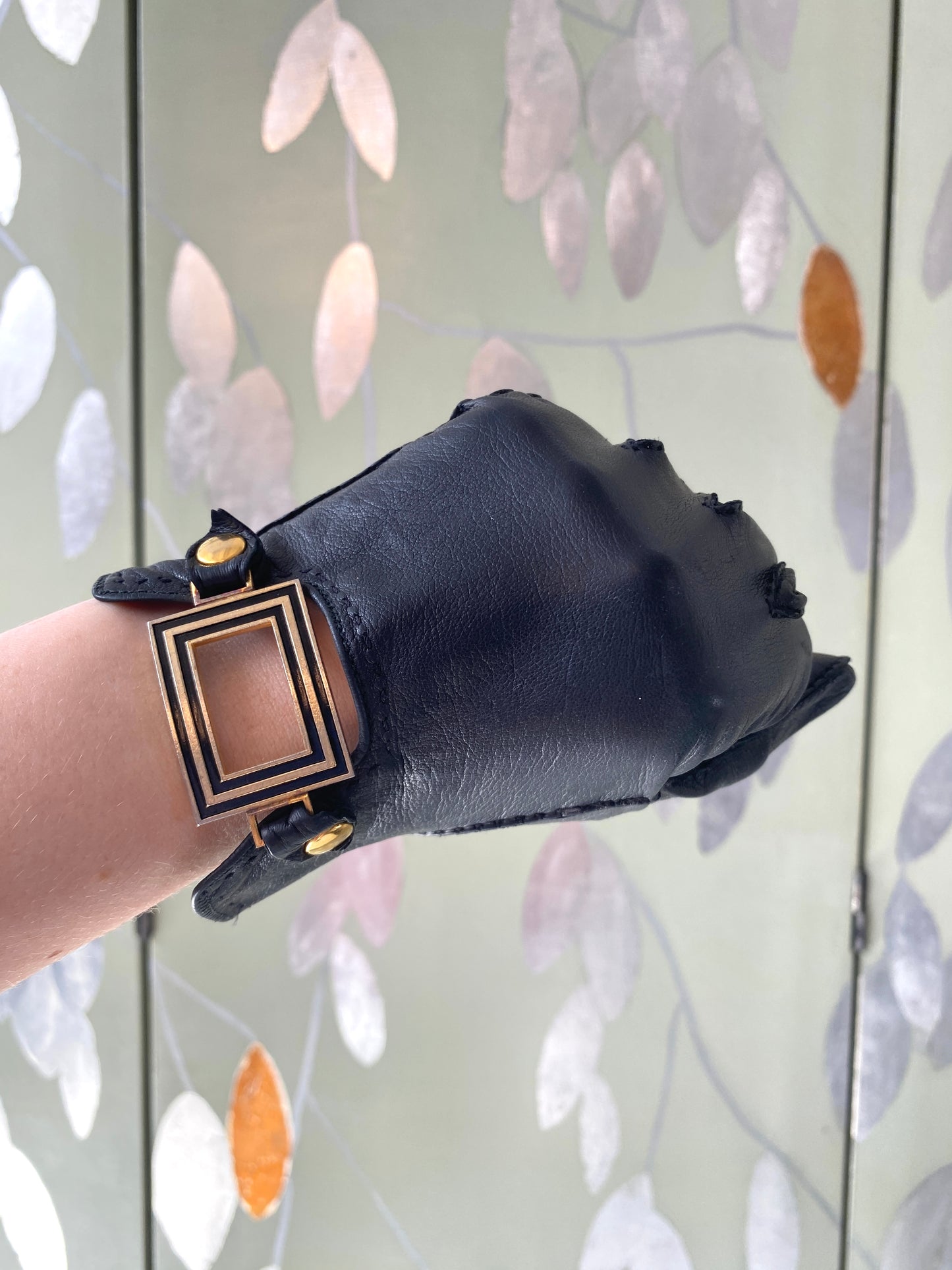 Vintage 1980s Black Leather Cropped Gloves with Black and Gold Buckle, Small 