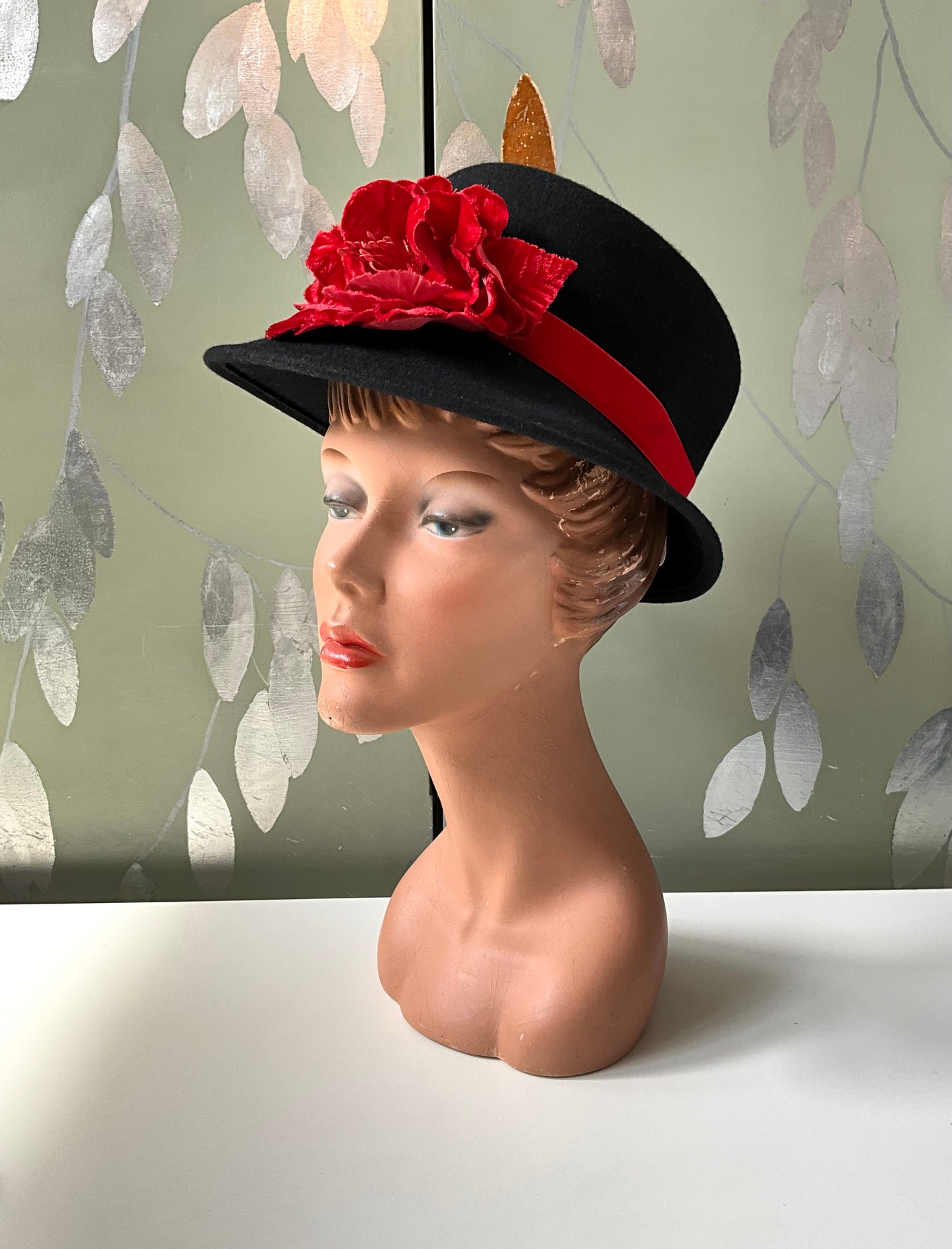 Vintage Black Felt Wool Italian Hat with Red Velvet Flower, Medium 