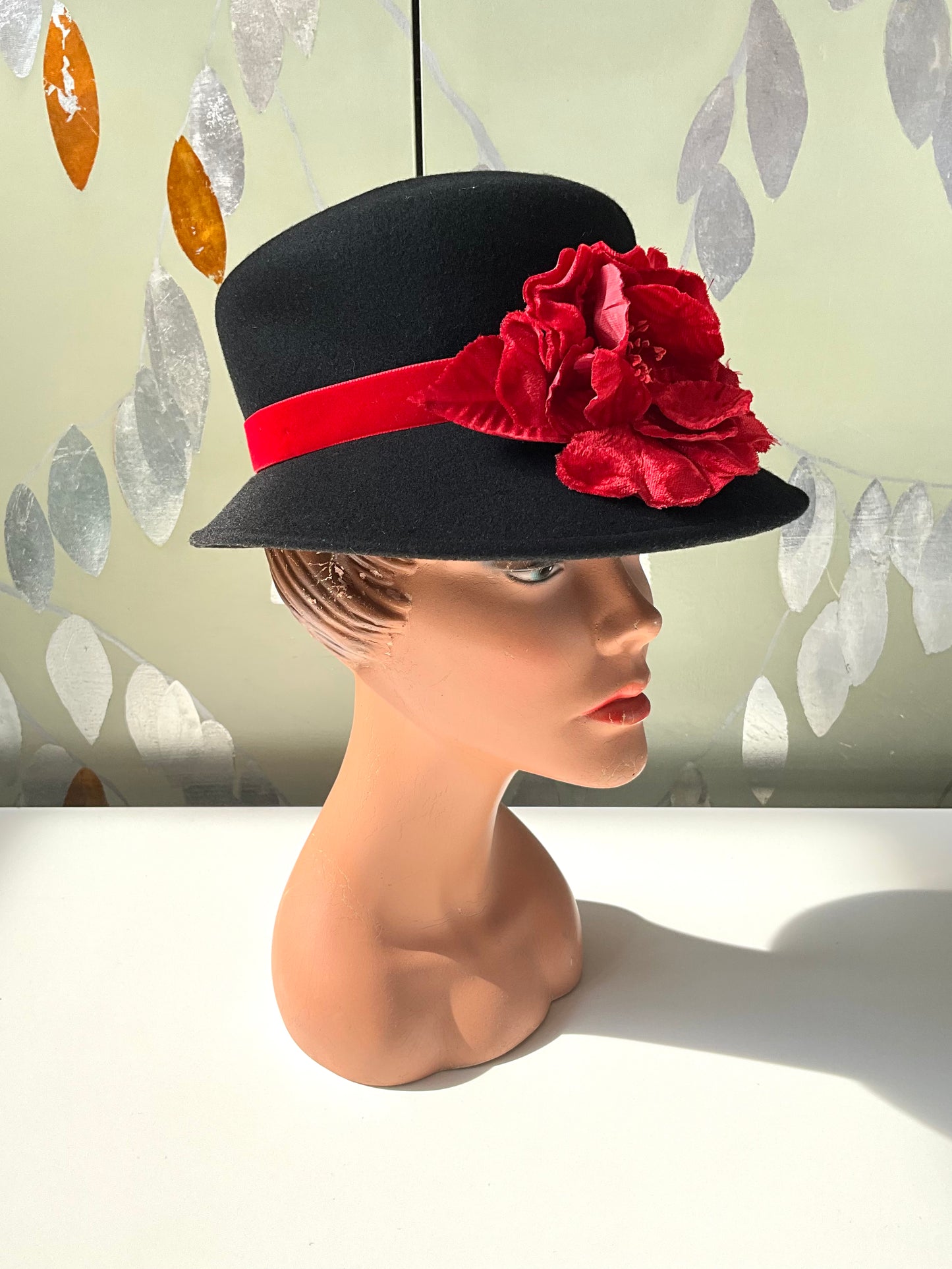 Vintage Black Felt Wool Italian Hat with Red Velvet Flower, Medium 