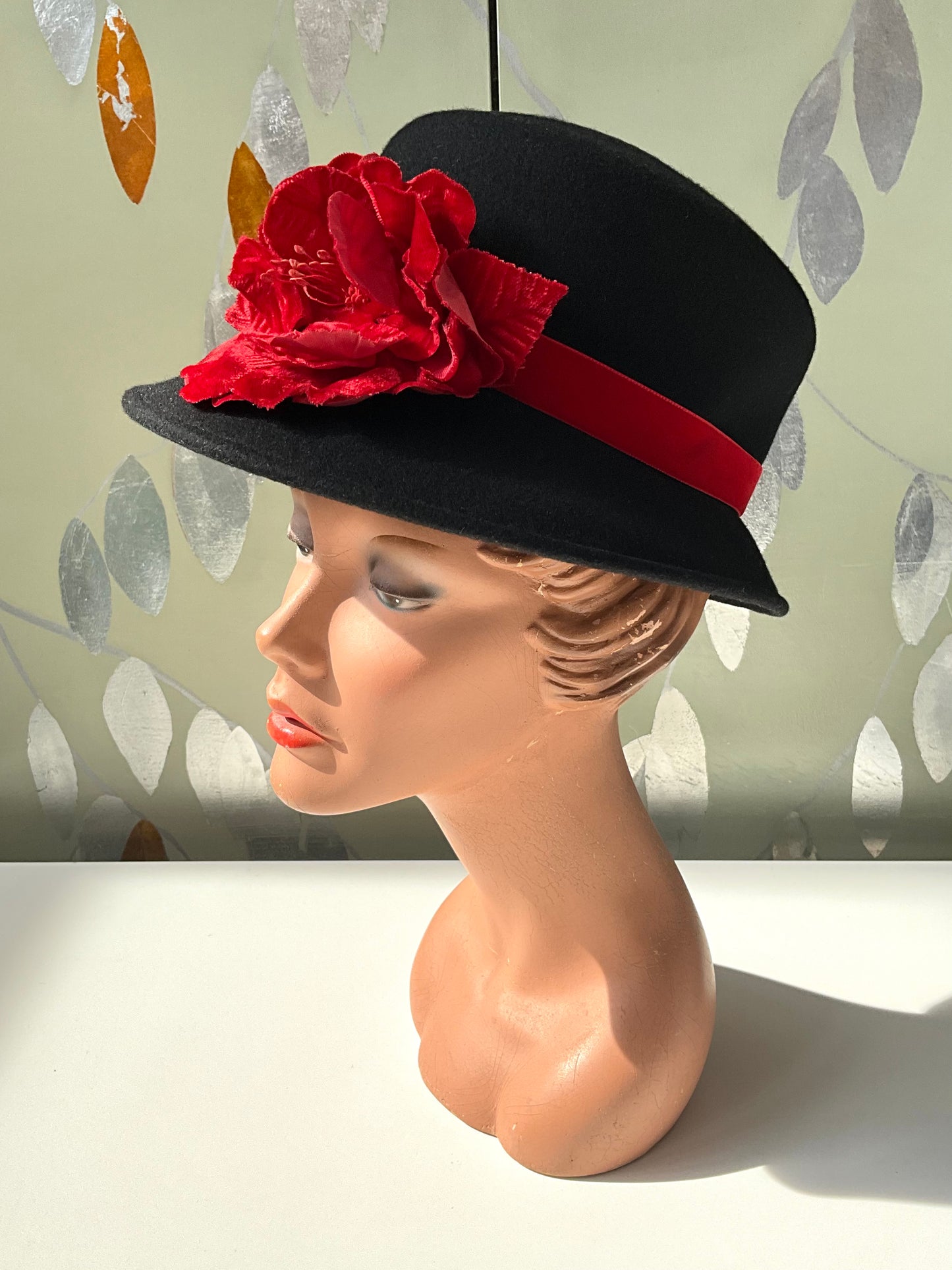 Vintage Black Felt Wool Italian Hat with Red Velvet Flower, Medium 