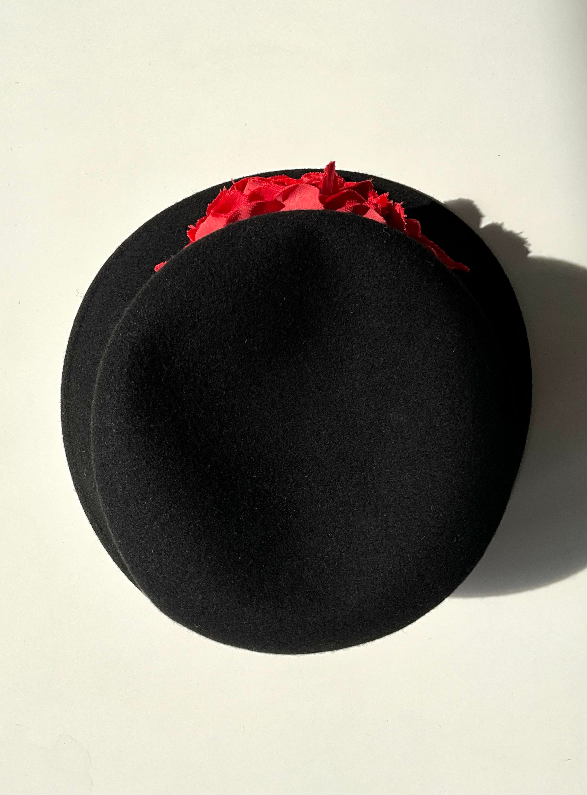 Vintage Black Felt Wool Italian Hat with Red Velvet Flower, Medium 