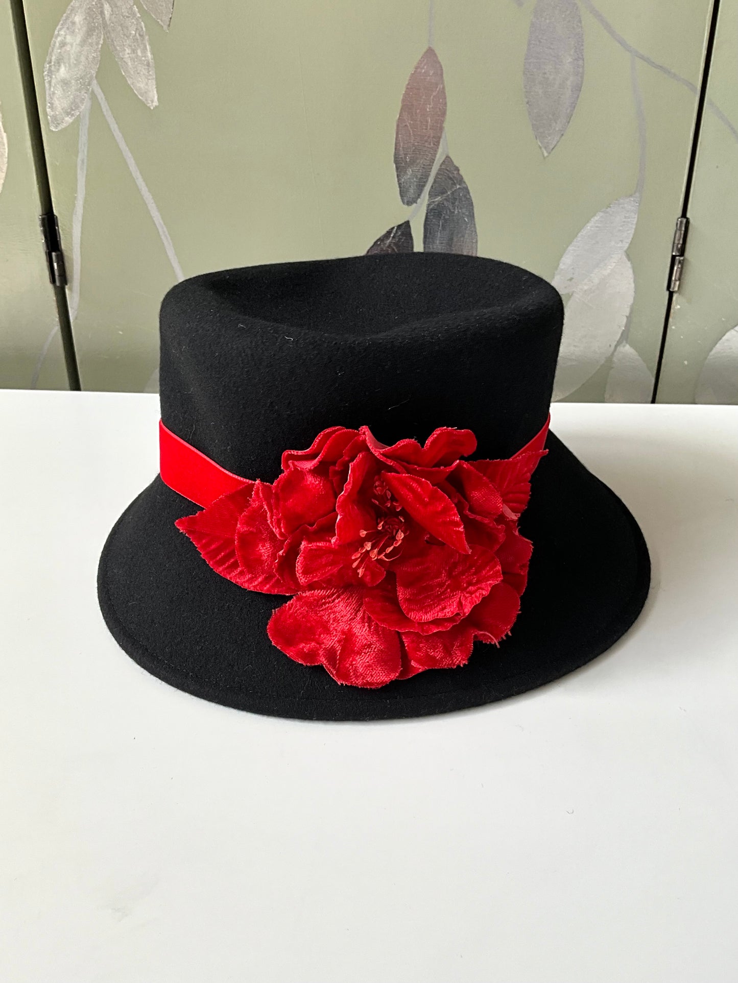 Vintage Black Felt Wool Italian Hat with Red Velvet Flower, Medium 