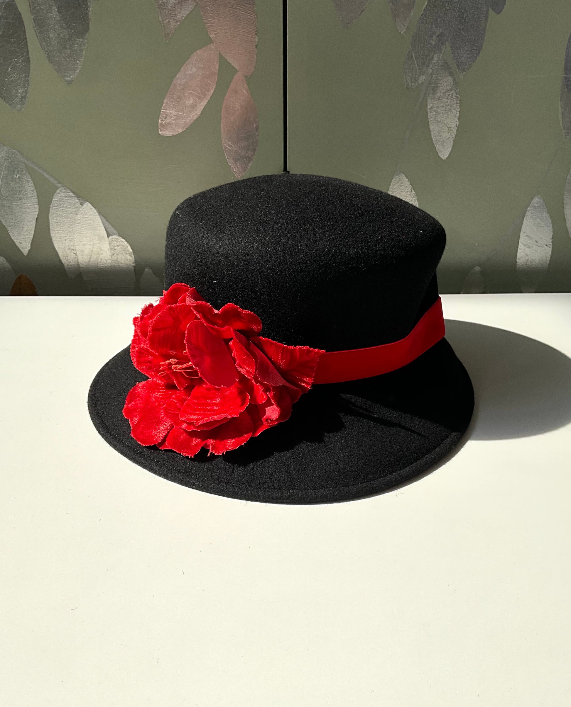 Vintage Black Felt Wool Italian Hat with Red Velvet Flower, Medium 